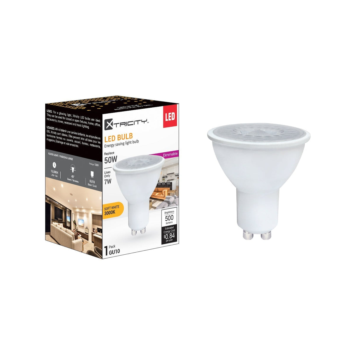 Xtricity - Ampoule DEL à Économie d'énergie, Gradable, 7W, Culot GU10, 3000K Blanc Doux - emballage - Simple Boutique