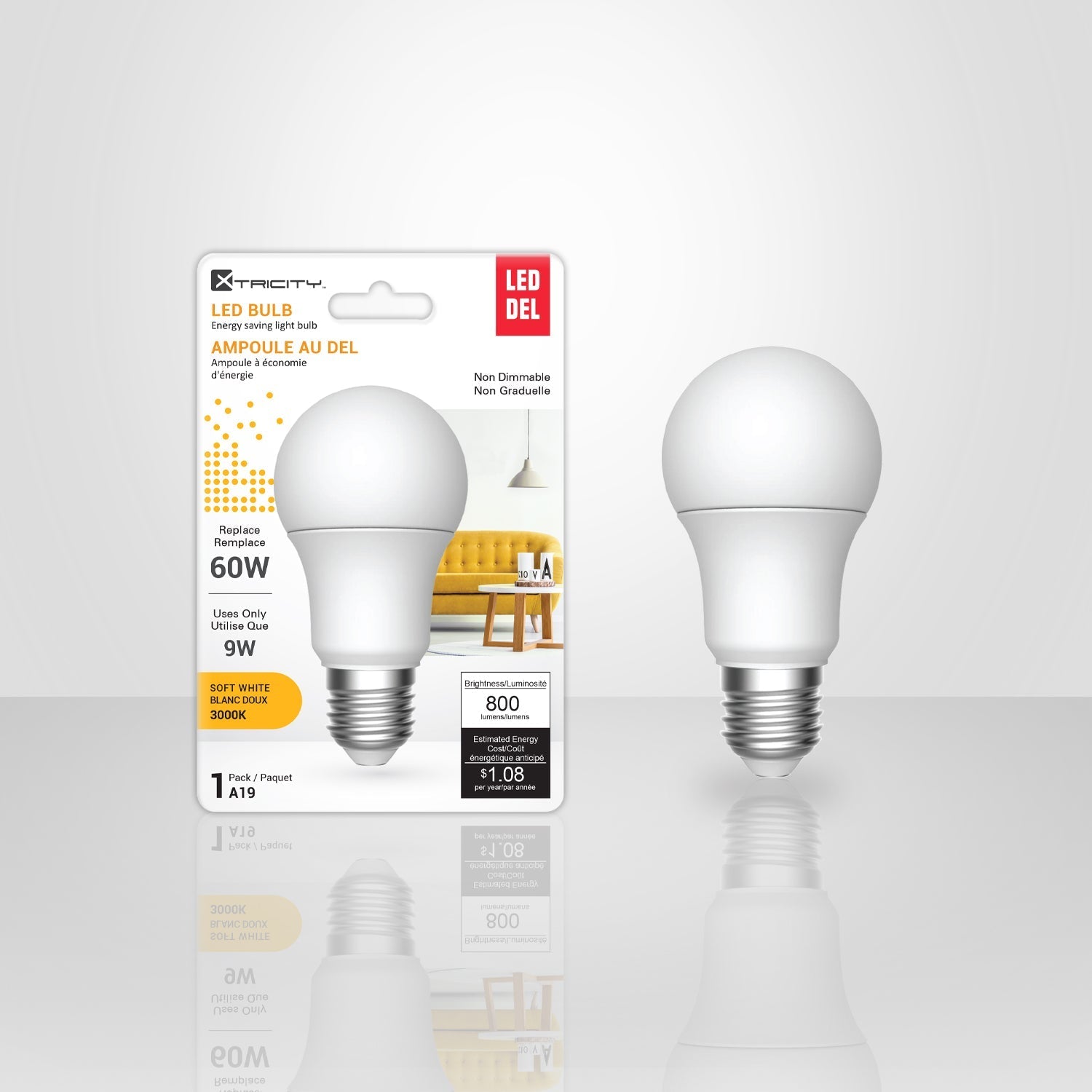 Xtricity - Ampoule DEL à Économie d'énergie, 9W, Culot E26, 3000K Blanc Doux - emballage - Simple Boutique