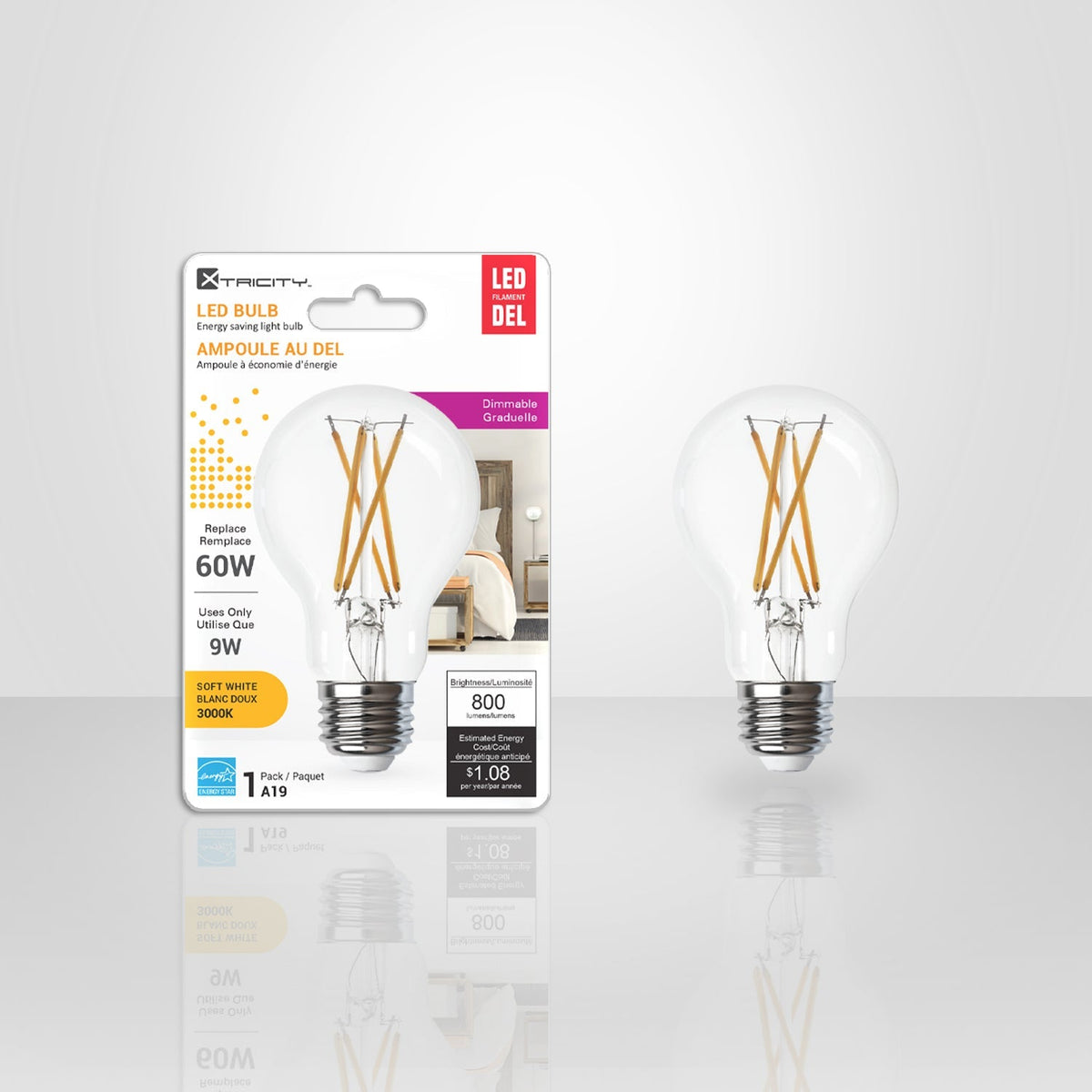 Xtricity - Ampoule DEL à Économie d'énergie, Gradable, 9W, Type A, 3000K Blanc Doux - emballage - Simple Boutique