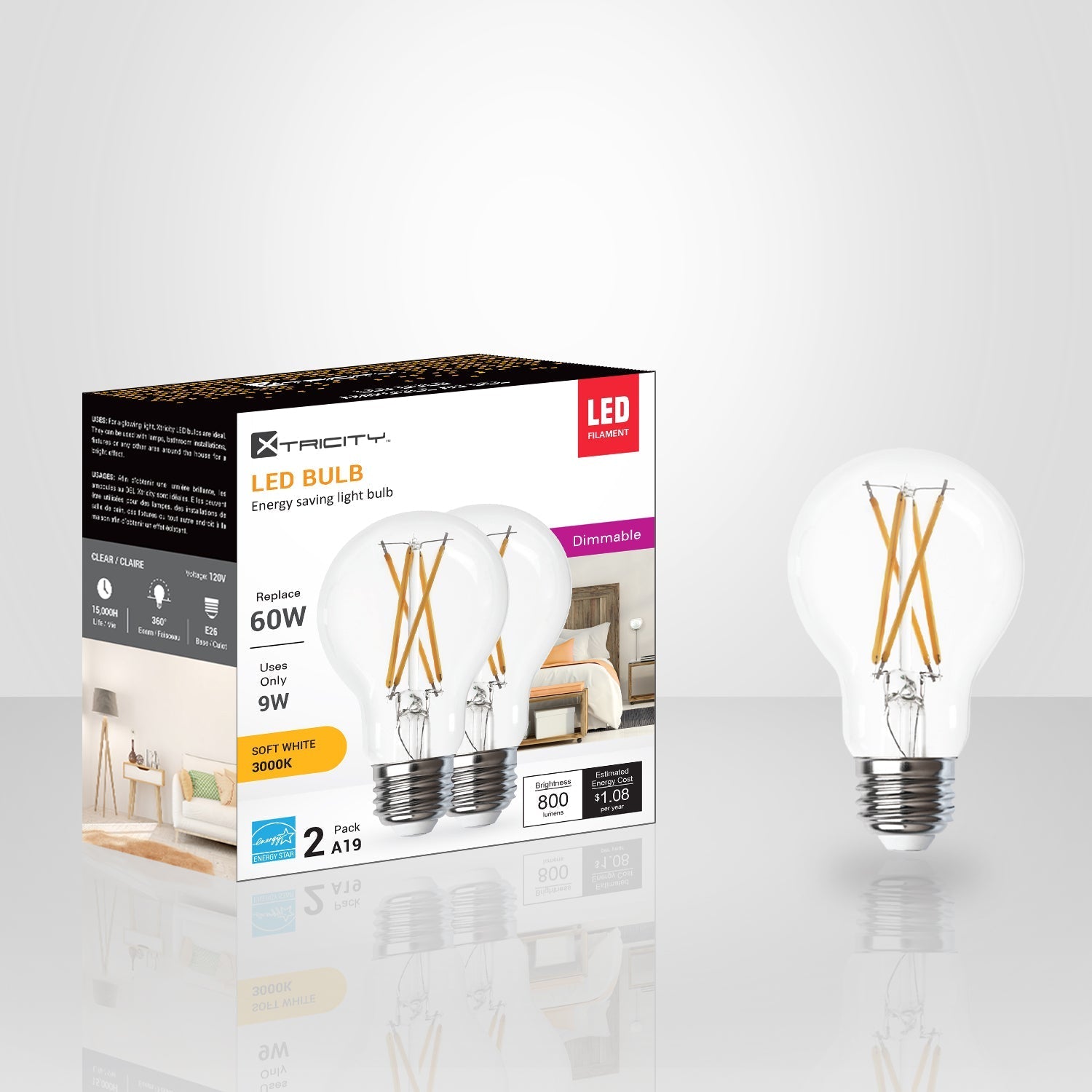 Xtricity - Ensemble de 2 Ampoules DEL à Économie d'énergie, Gradable, 9W, Type A, 3000K Blanc Doux - emballage - Simple Boutique