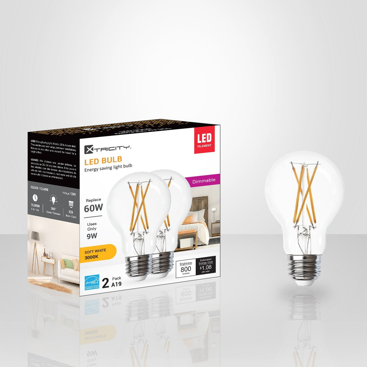 Xtricity - Ensemble de 2 Ampoules DEL à Économie d'énergie, Gradable, 9W, Type A, 3000K Blanc Doux - emballage - Simple Boutique