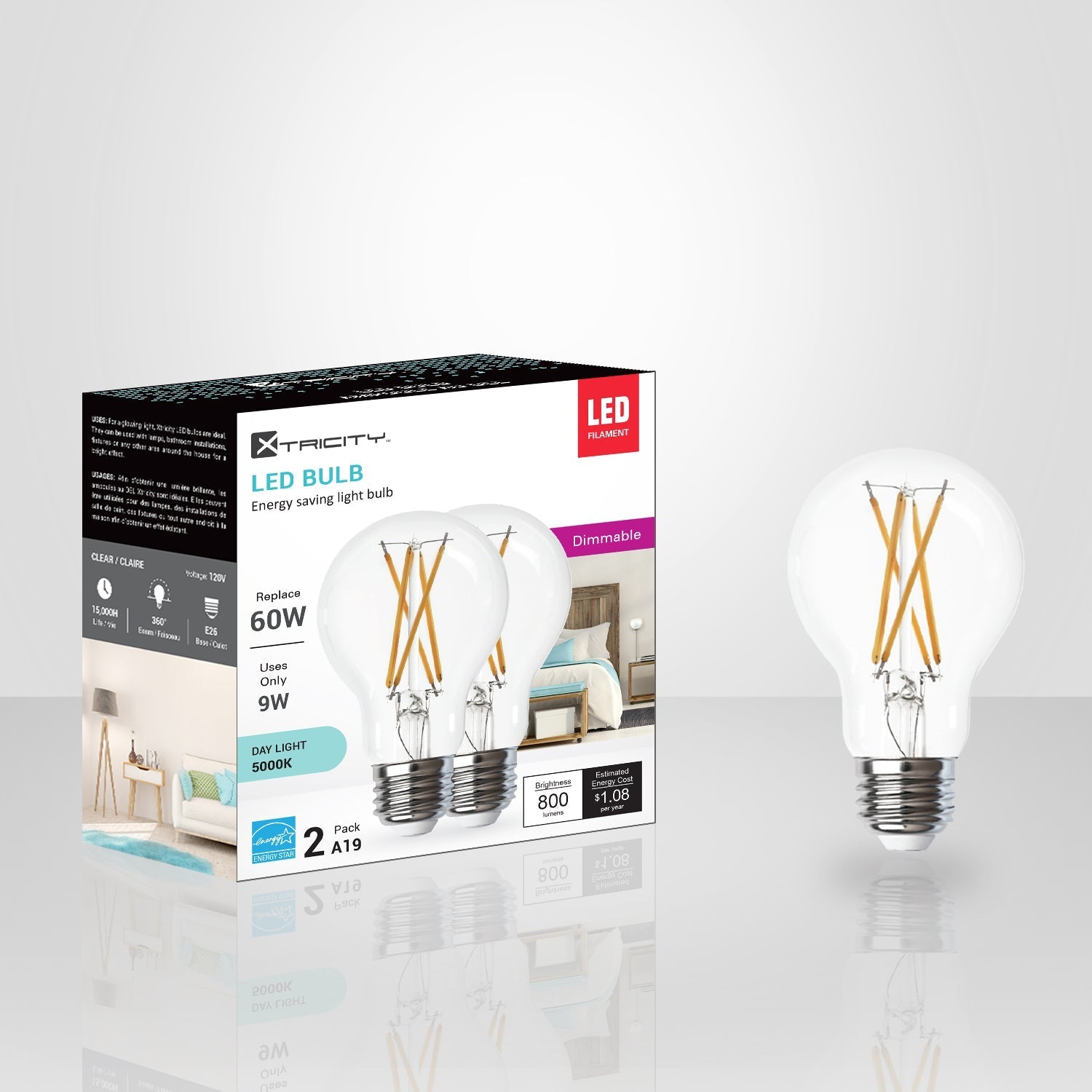 Xtricity - Ensemble de 2 Ampoules DEL à Économie d'énergie, Gradable, 9W, Type A, 5000K Lumière du Jour - emballage - Simple Boutique