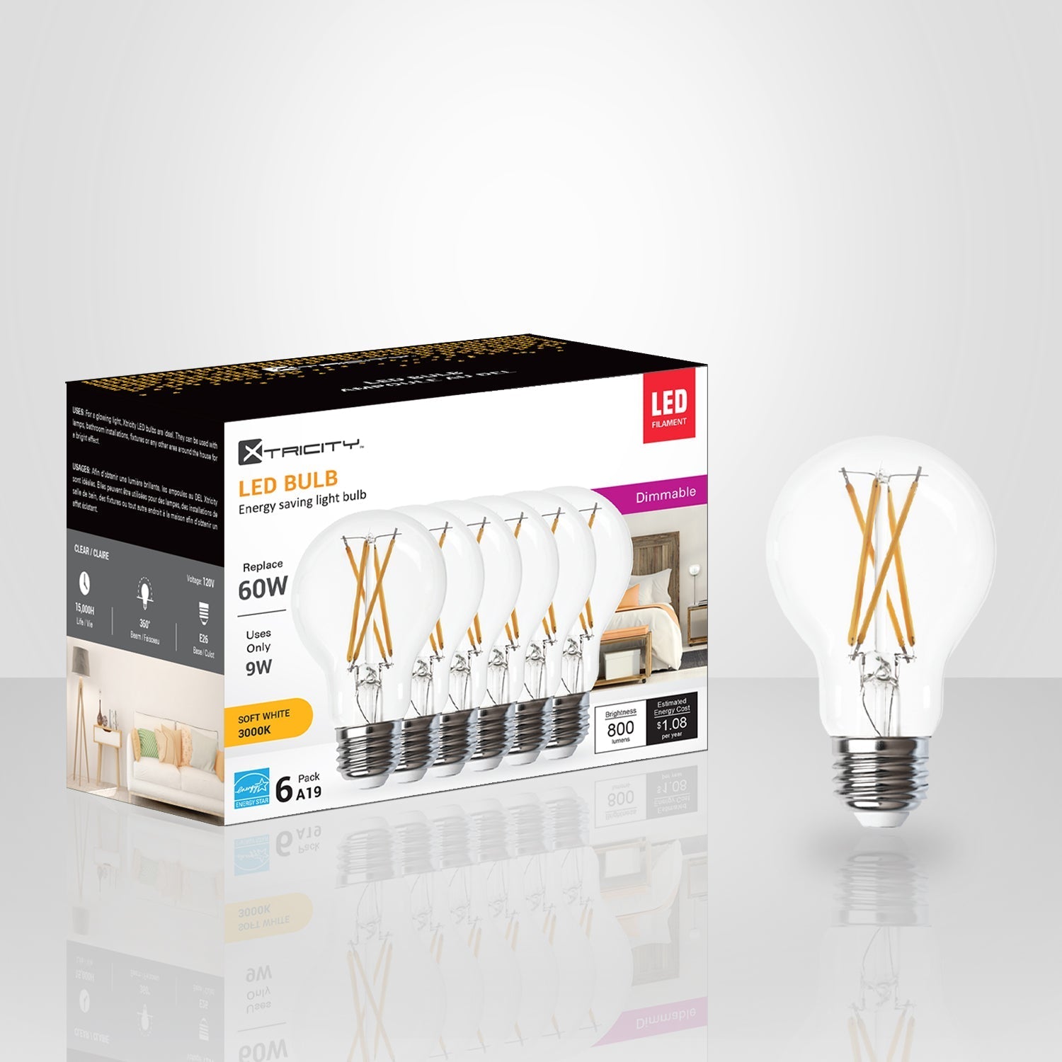Xtricity - Ensemble de 6 Ampoules DEL à Économie d'énergie, Gradable, 9W, Type A, 3000K Blanc Doux - emballage - Simple Boutique