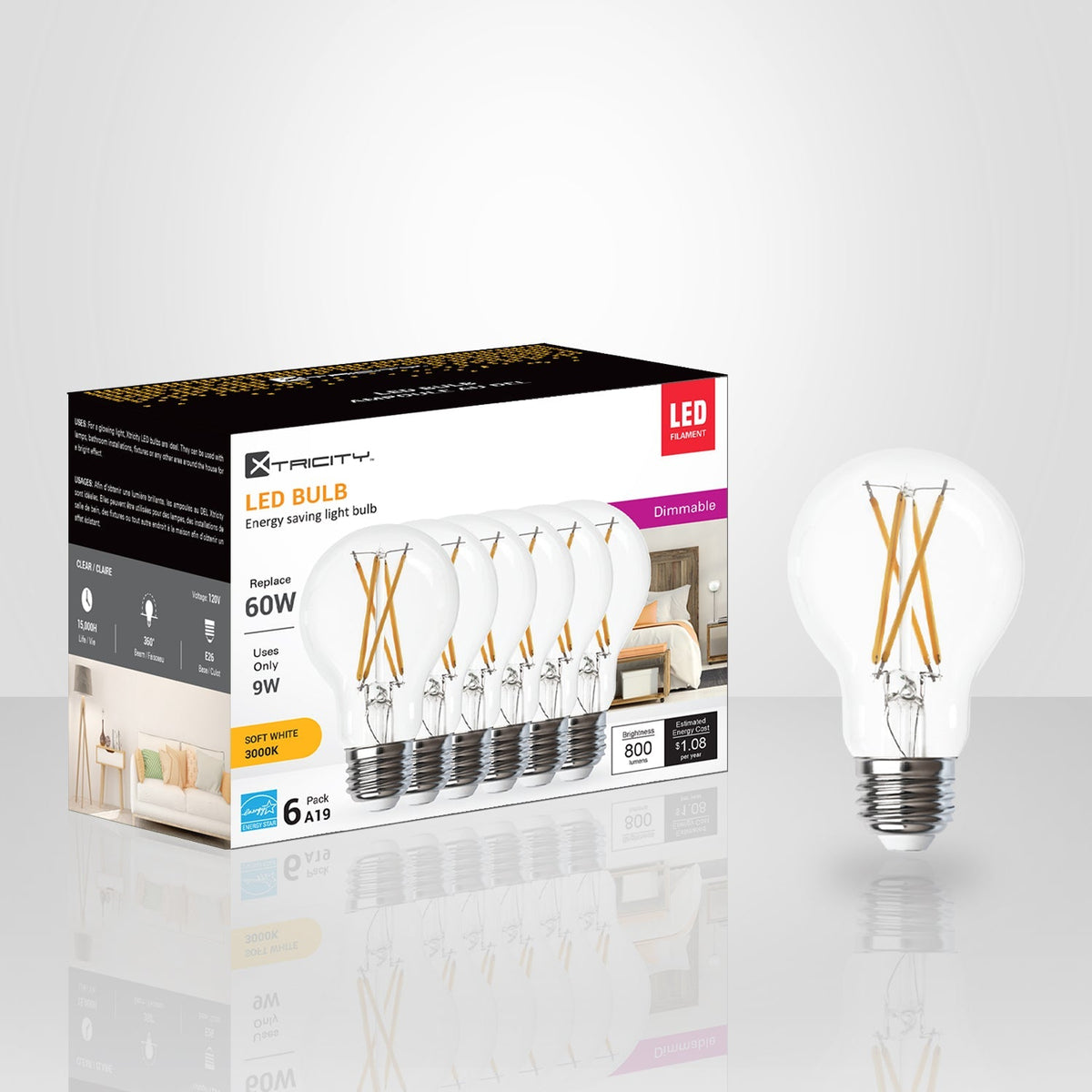 Xtricity - Ensemble de 6 Ampoules DEL à Économie d'énergie, Gradable, 9W, Type A, 3000K Blanc Doux - emballage - Simple Boutique