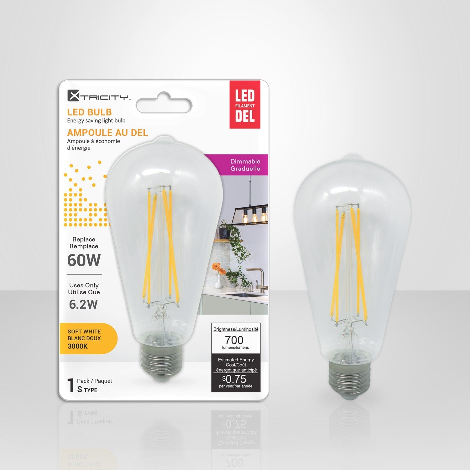 Xtricity - Ampoule DEL à Économie d'énergie, Gradable, 6.2W, Type S, 3000K Blanc Doux - emballage - Simple Boutique