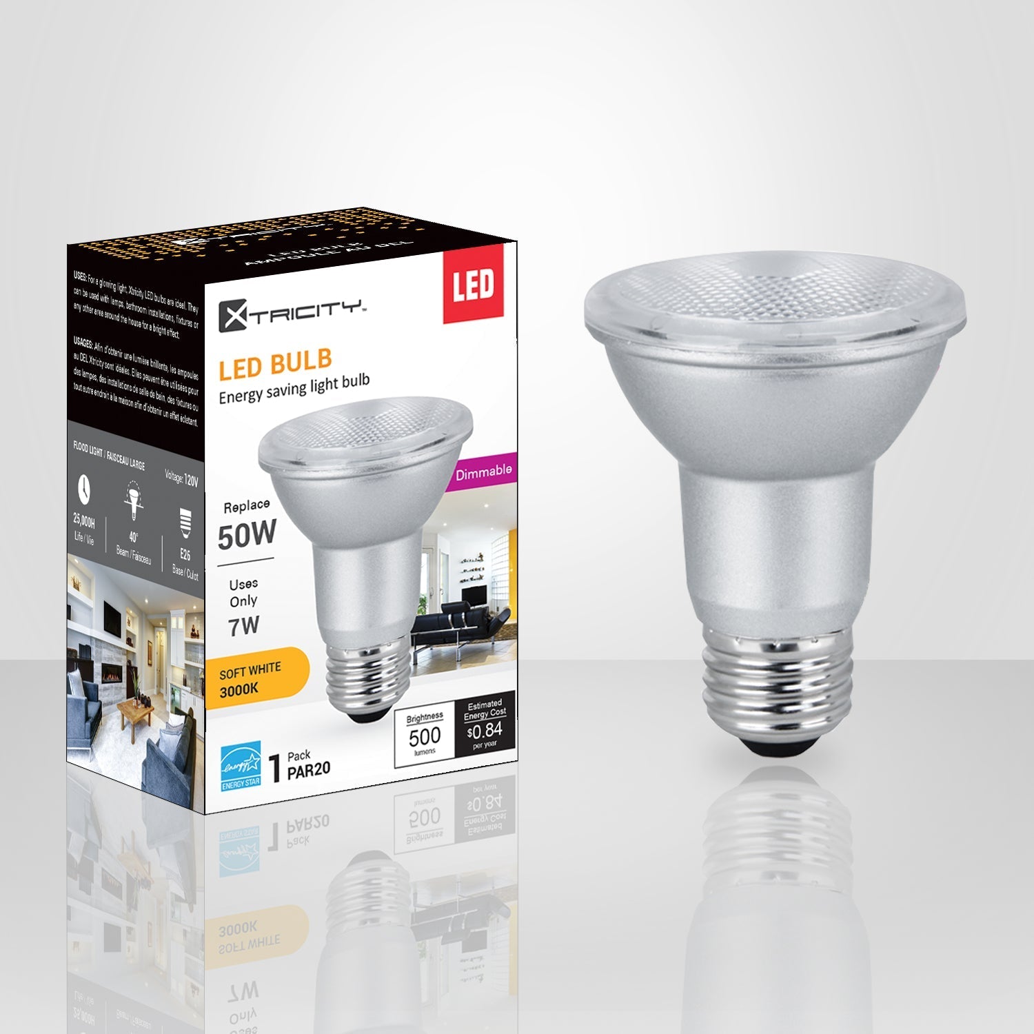 Xtricity - Ampoule DEL Gradable à économie d'énergie, 7W, Culot E26, 3000K Blanc Doux - emballage - Simple Boutique