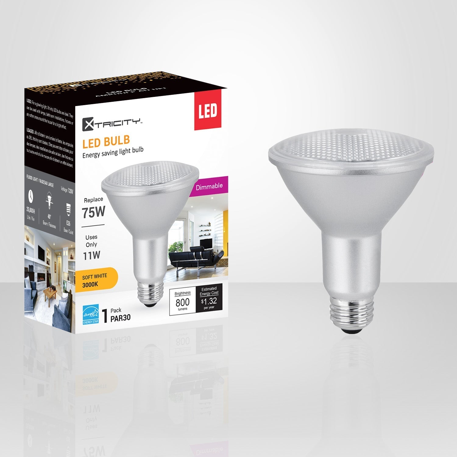 Xtricity - Ampoule DEL Gradable à économie d'énergie, 11W, Culot E26, 3000K Blanc Doux - emballage - Simple Boutique