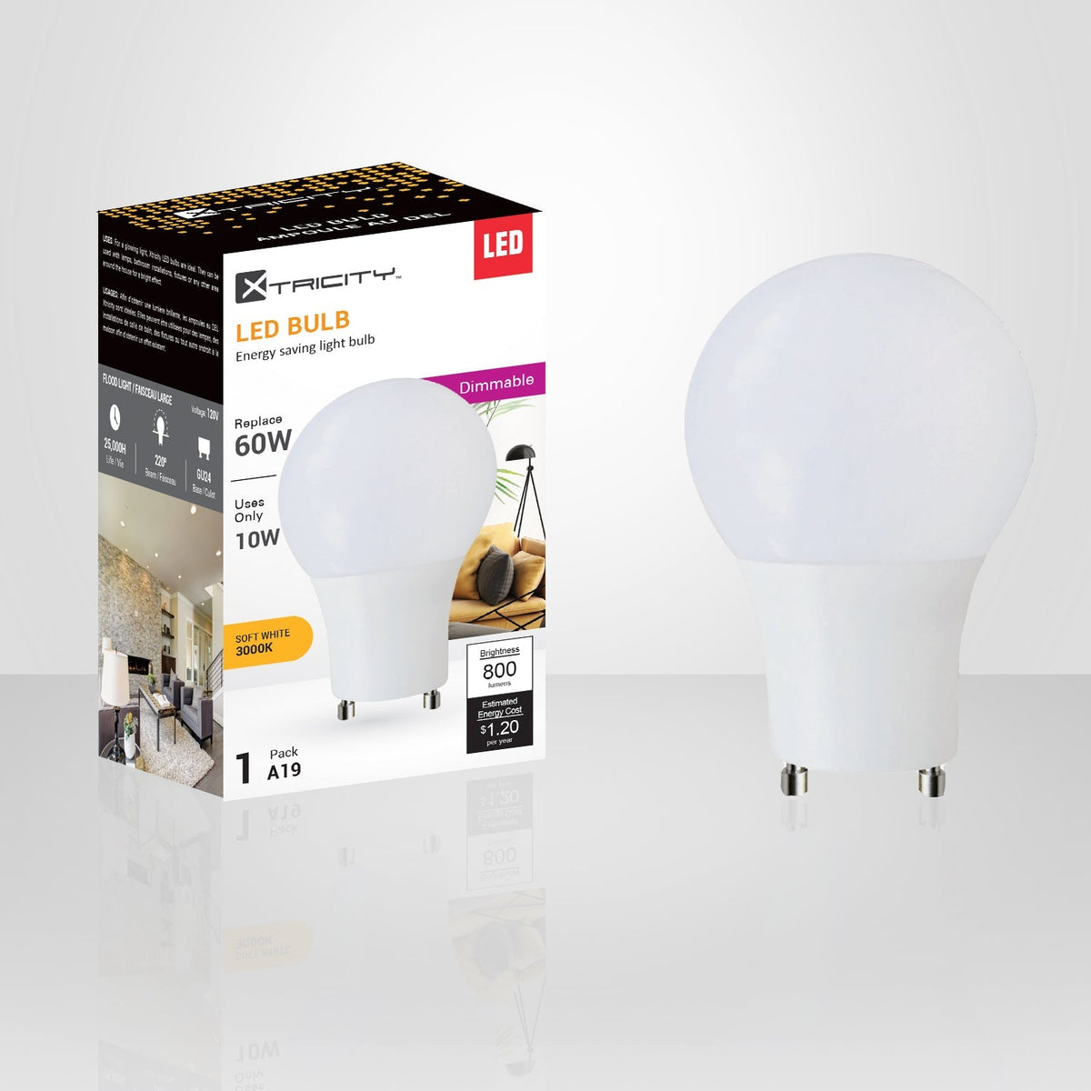 Xtricity - Ampoule DEL Gradable à économie d'énergie, 10W, Culot GU24, 3000K Blanc Doux - emballage - Simple Boutique