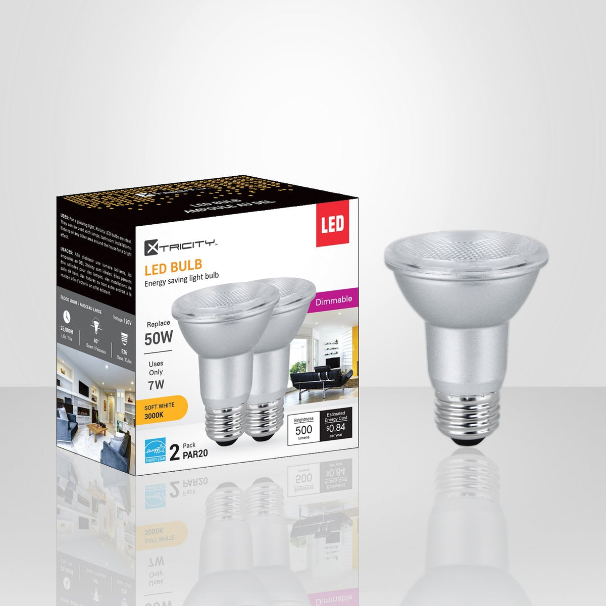 Xtricity - Ensemble de 2 Ampoules DEL Gradables à économie d'énergie, 7W, Culot E26, 3000K Blanc Doux - emballage - Simple Boutique