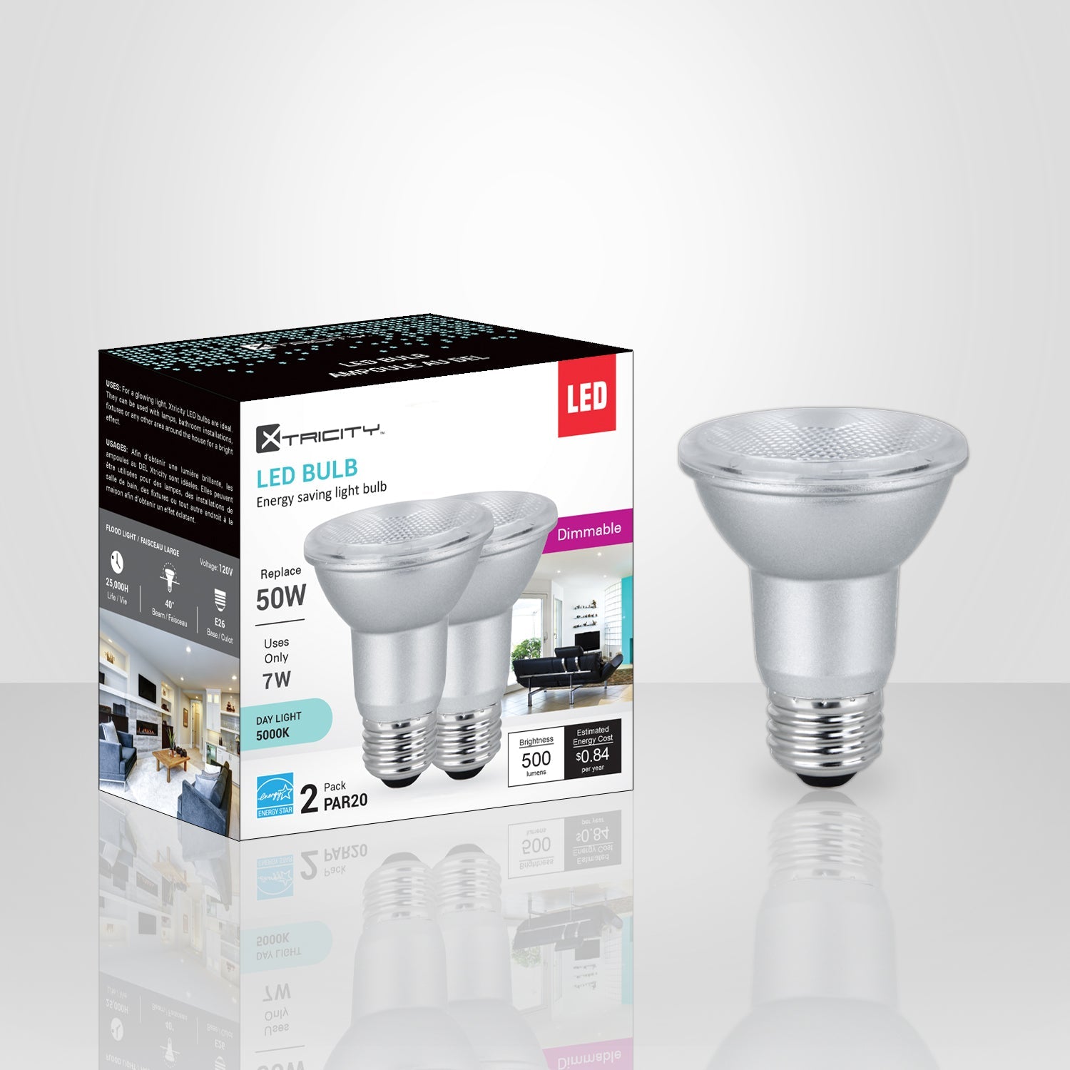 Xtricity ampoules DEL PAR20/7W/120V/E26/500L/ES/5000k dim 2 un. - emballage - Simple Boutique