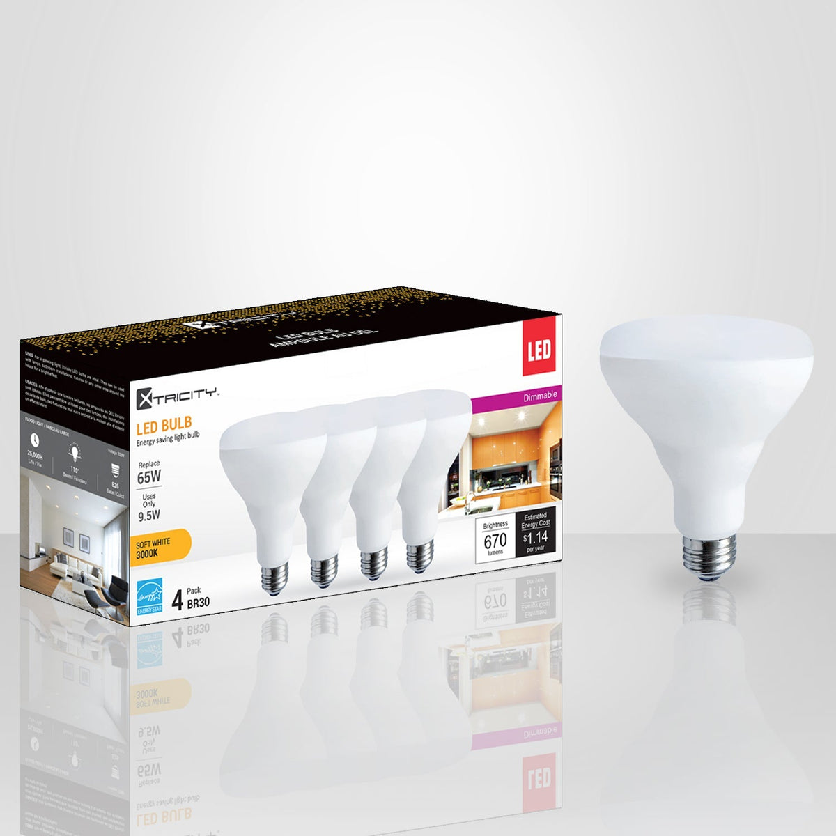 Xtricity - Ensemble de 4 Ampoules DEL Gradables à économie d'énergie, 9.5W, Culot E26, 3000K Blanc Doux - emballage - Simple Boutique