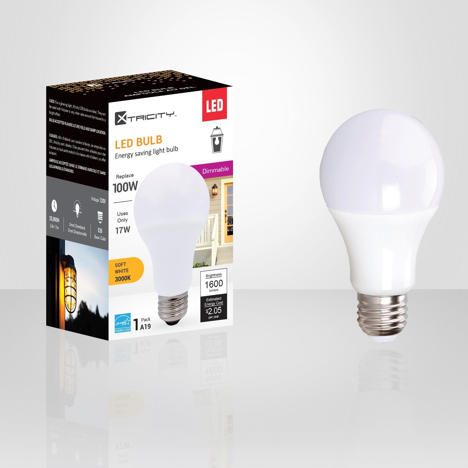 Xtricity - Ampoule DEL Gradable à économie d'énergie, 17W, Culot E26, 3000K Blanc Doux - emballage - Simple Boutique