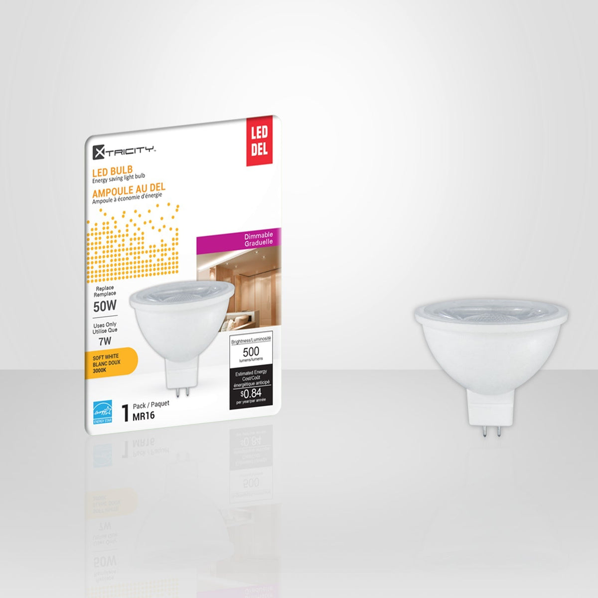 Xtricity - Ampoule DEL Gradable à économie d'énergie, 7W, Culot GU5.3 Bi-pin, 3000K Blanc Doux - emballage - Simple Boutique