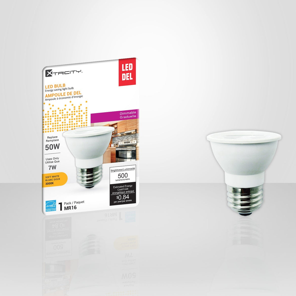 Xtricity - Ampoule DEL Gradable à économie d'énergie, 7W, Culot E26, 3000K Blanc Doux - emballage - Simple Boutique