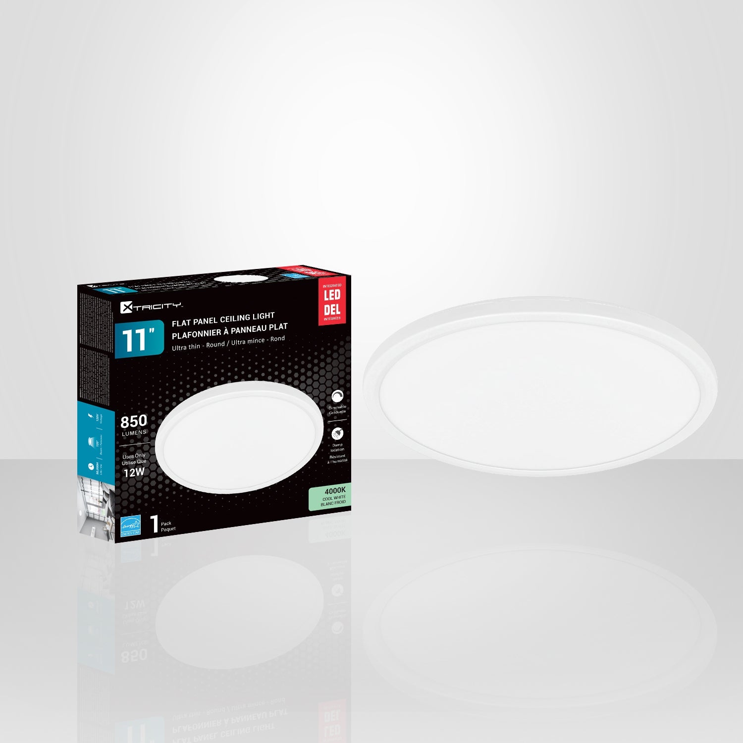 Xtricity - Plafonnier DEL à Panneau Plat, Diamètre de 11'', 12W, 4000K Blanc Froid - emballage - Simple Boutique