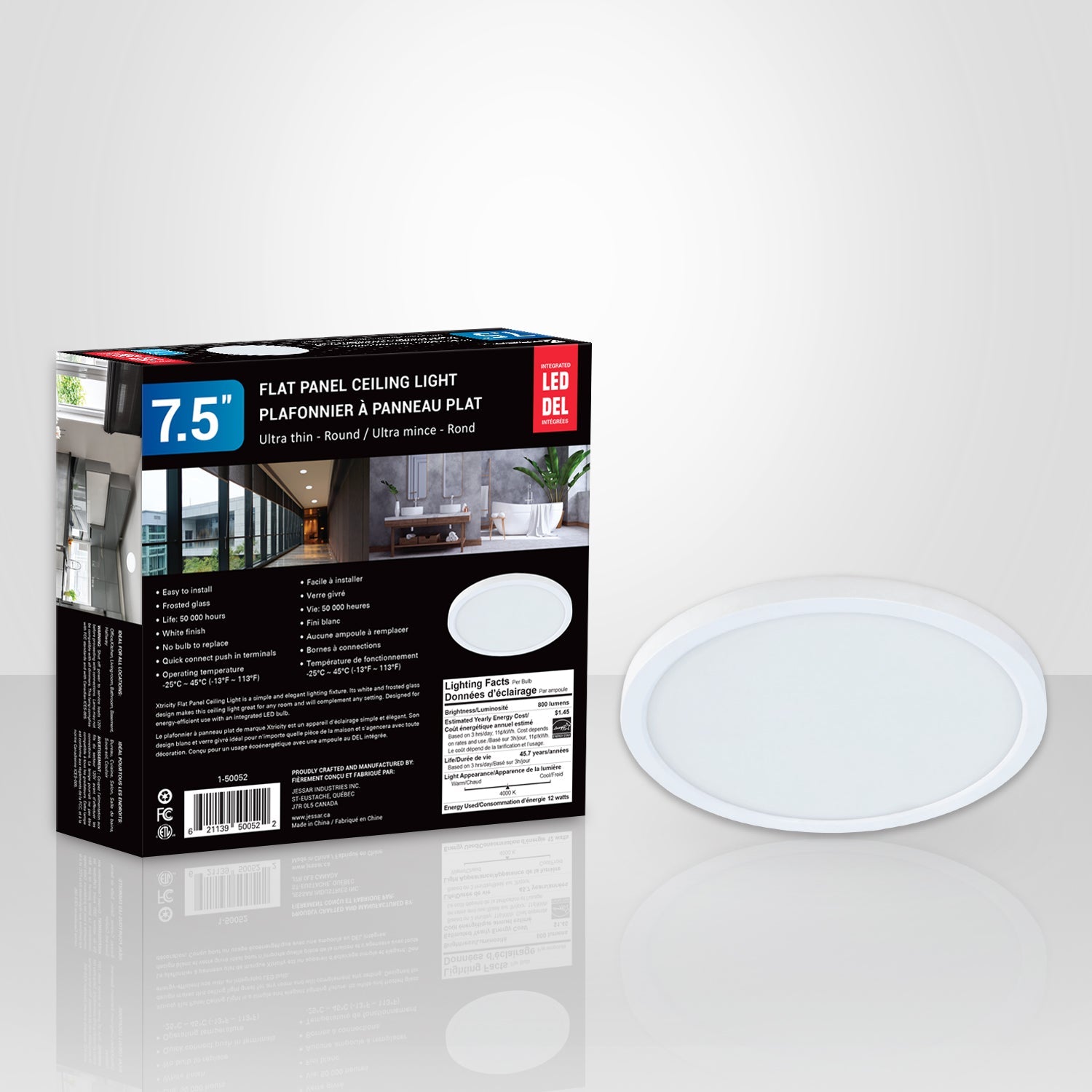 Xtricity Plafonnier a panneau plat del 7.5'' 12W/800L/4000k Blanc - emballage - Simple Boutique