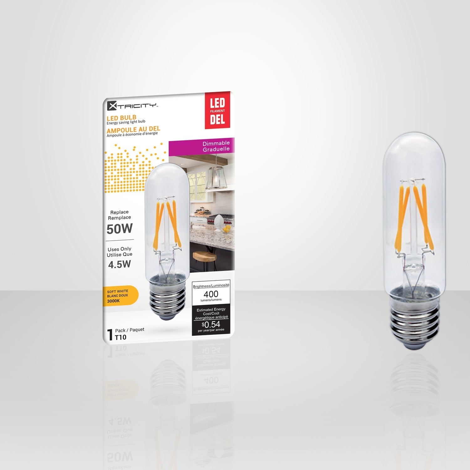 Xtricity - Ampoule DEL Gradable à économie d'énergie, 4.5W, Culot E26, 3000K Blanc Doux - emballage - Simple Boutique