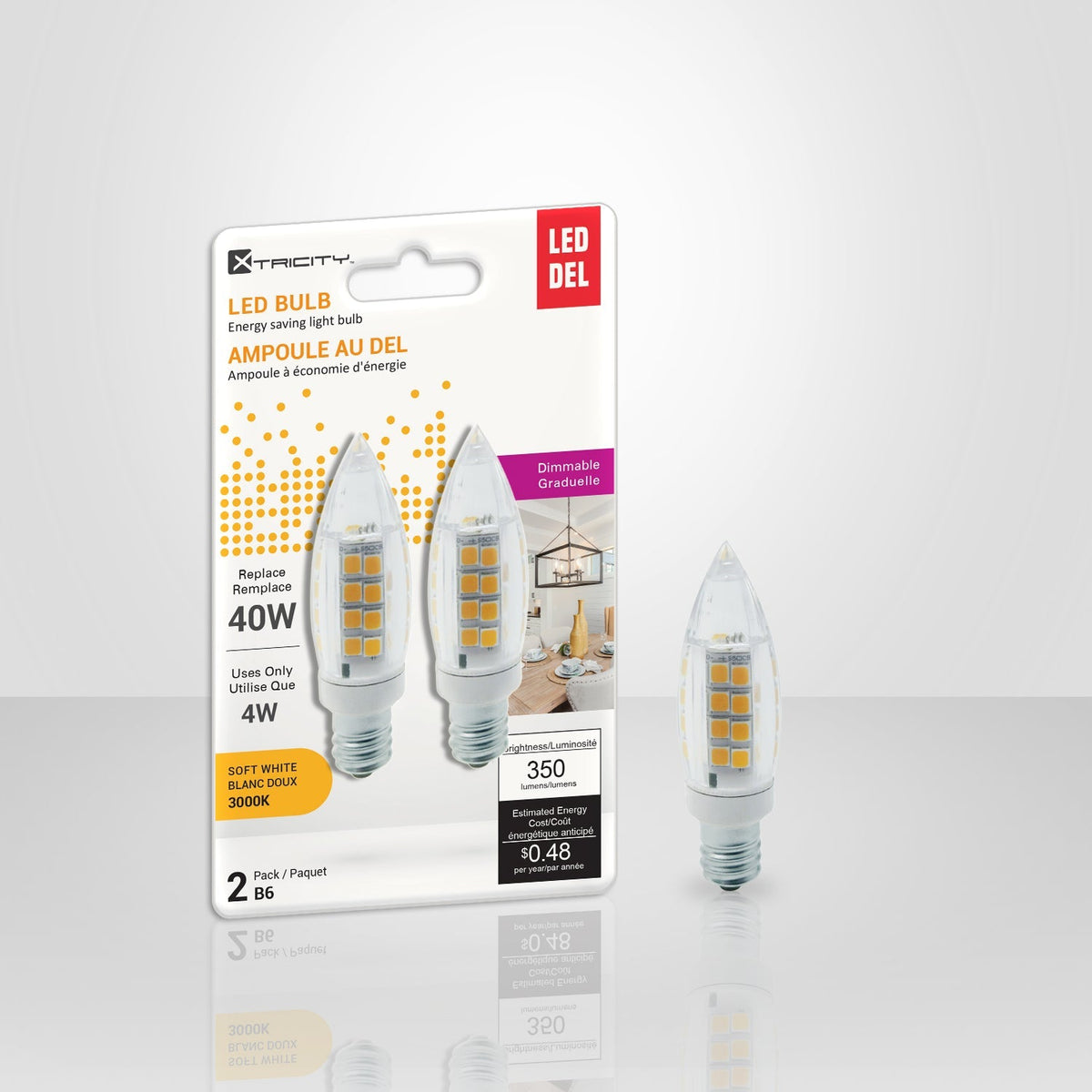 Xtricity - Ensemble de 2 Ampoules DEL Gradables à économie d'énergie, 4W, Culot Candélabre, 3000K Blanc Doux - emballage - Simple Boutique