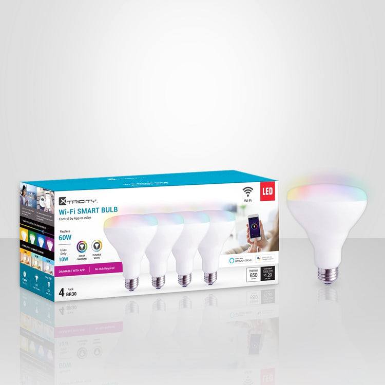 Xtricity 1-50075 DEL Wi-Fi BR30 10W 120V Couleurs Réglables 2700K-6500K Luminosité Ajustable Grad 4pk Blanc - emballage - Simple Boutique