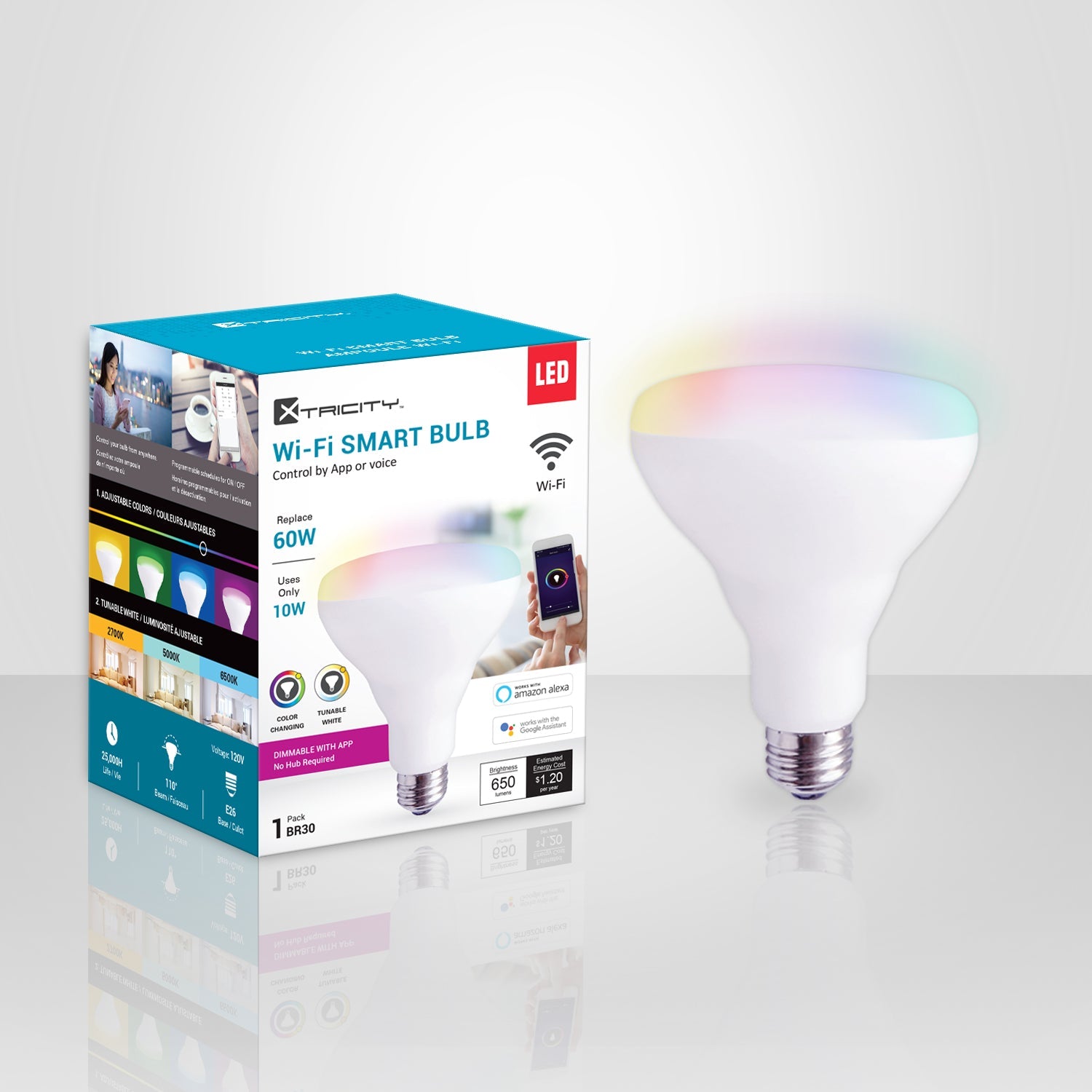 Xtricity 1-50076 Del Wi-Fi Type BR30 10W 120V Couleurs RGB 2700-6500 K Luminosité Ajustable Grad Blanc - emballage - Simple Boutique