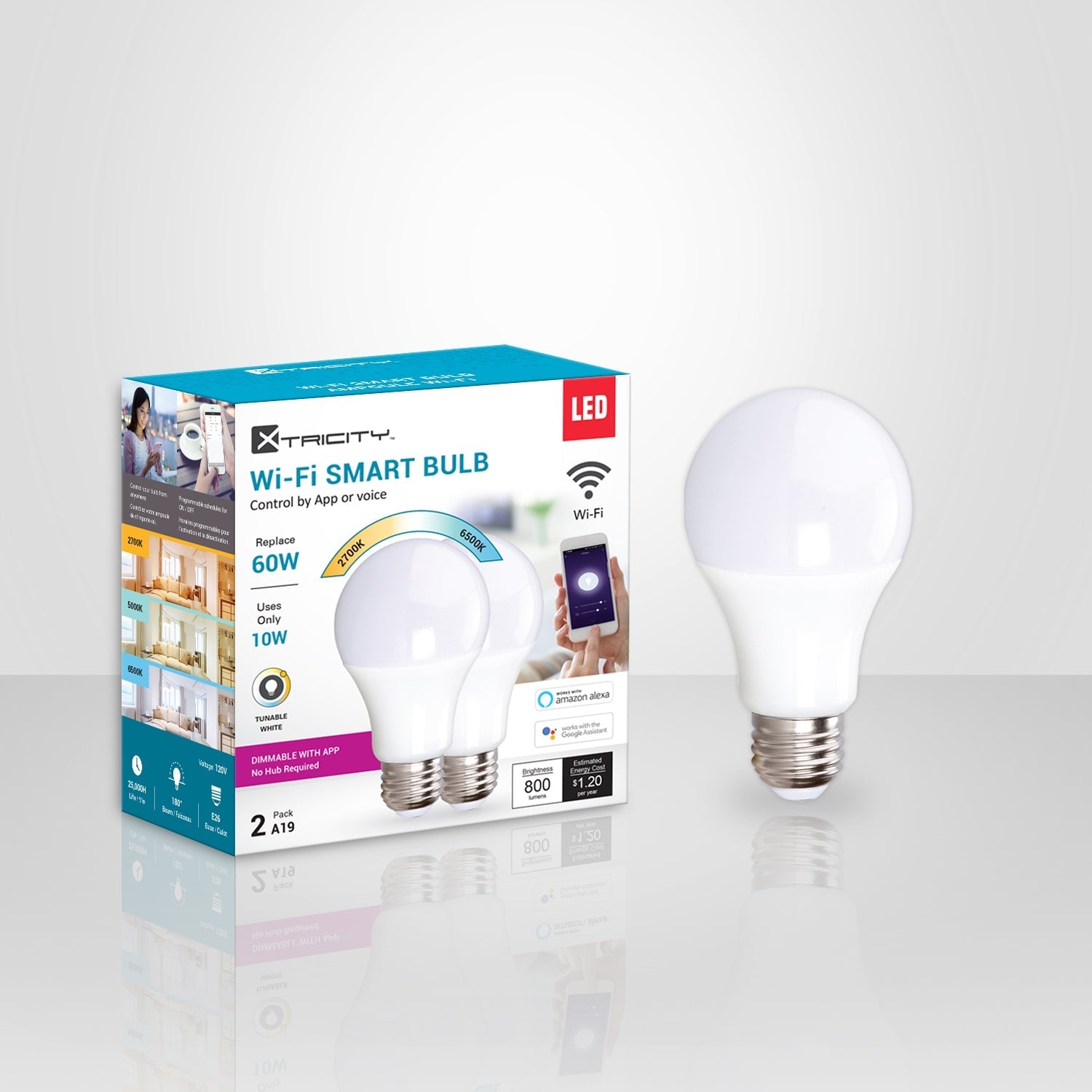 Xtricity 1-50084 DEL Wi-Fi Type A 10W 120V 2700K-6500K Luminosité Ajustable Grad 2PK Blanc - emballage - Simple Boutique