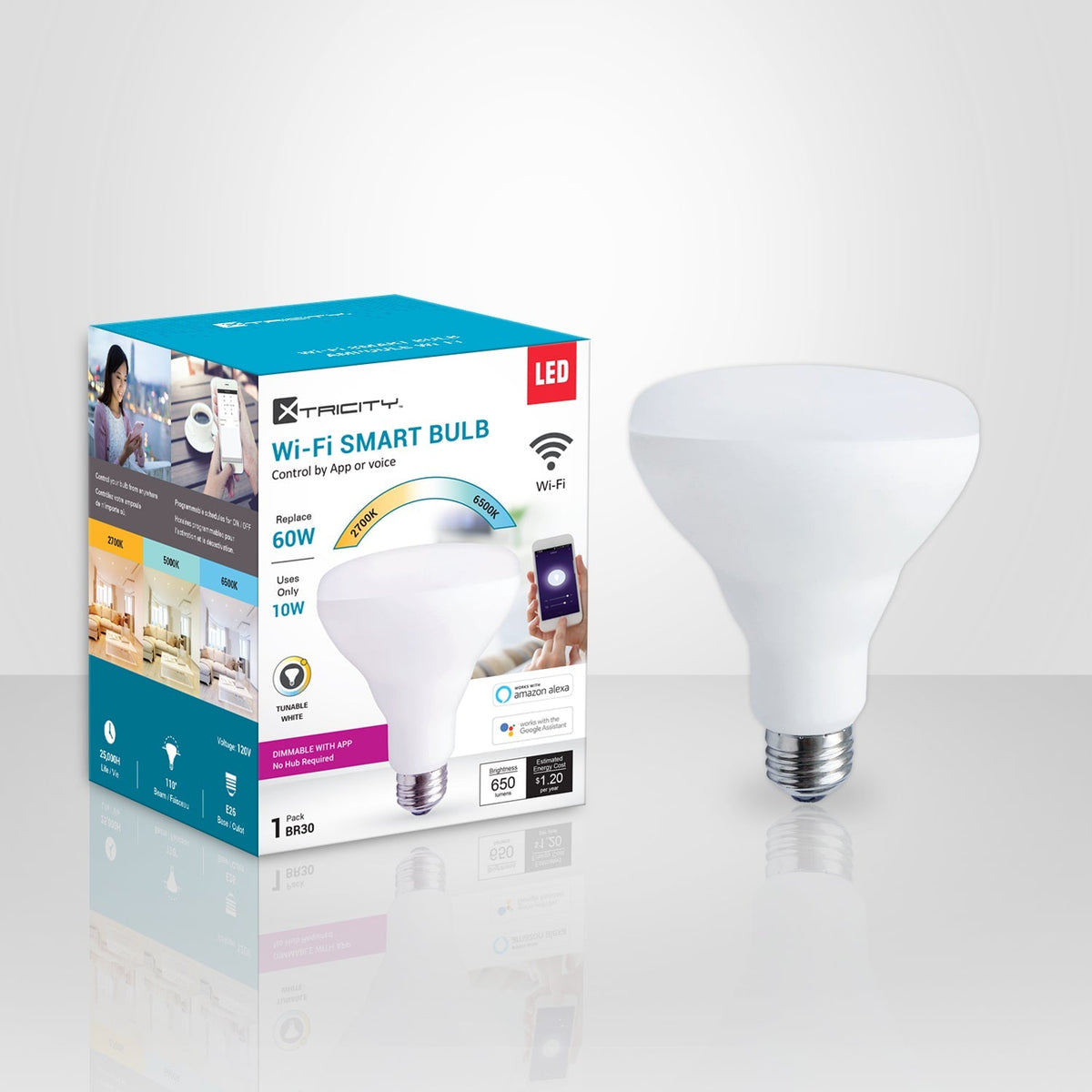 Xtricity 1-50086 DEL Wi-Fi BR30 10W 120V 2700K-6500K Luminosité Ajustable Grad 1Pk Blanc - emballage - Simple Boutique