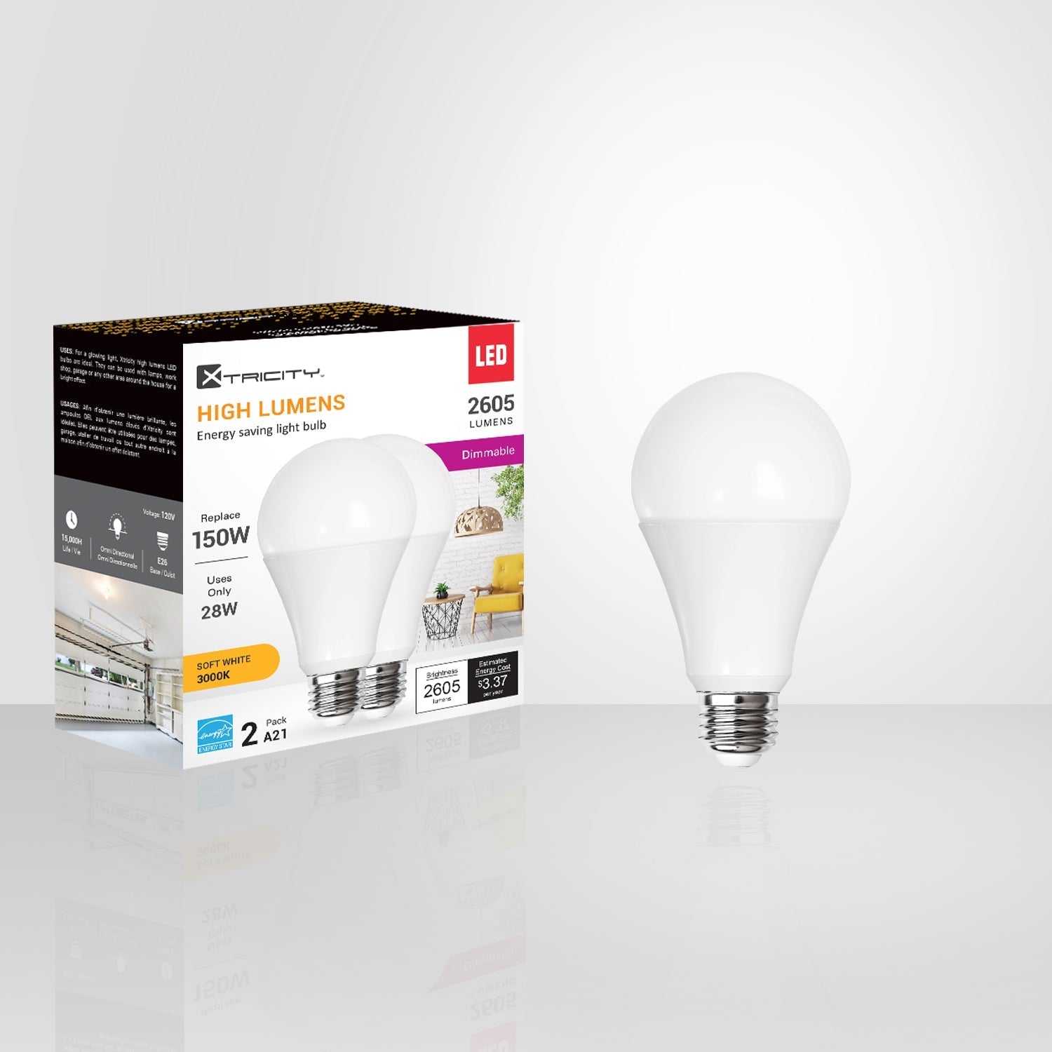 Xtricity - Ensemble de 2 Ampoules DEL Gradable à économie d'énergie, 28W, Culot E26, 3000K Blanc Doux - emballage - Simple Boutique
