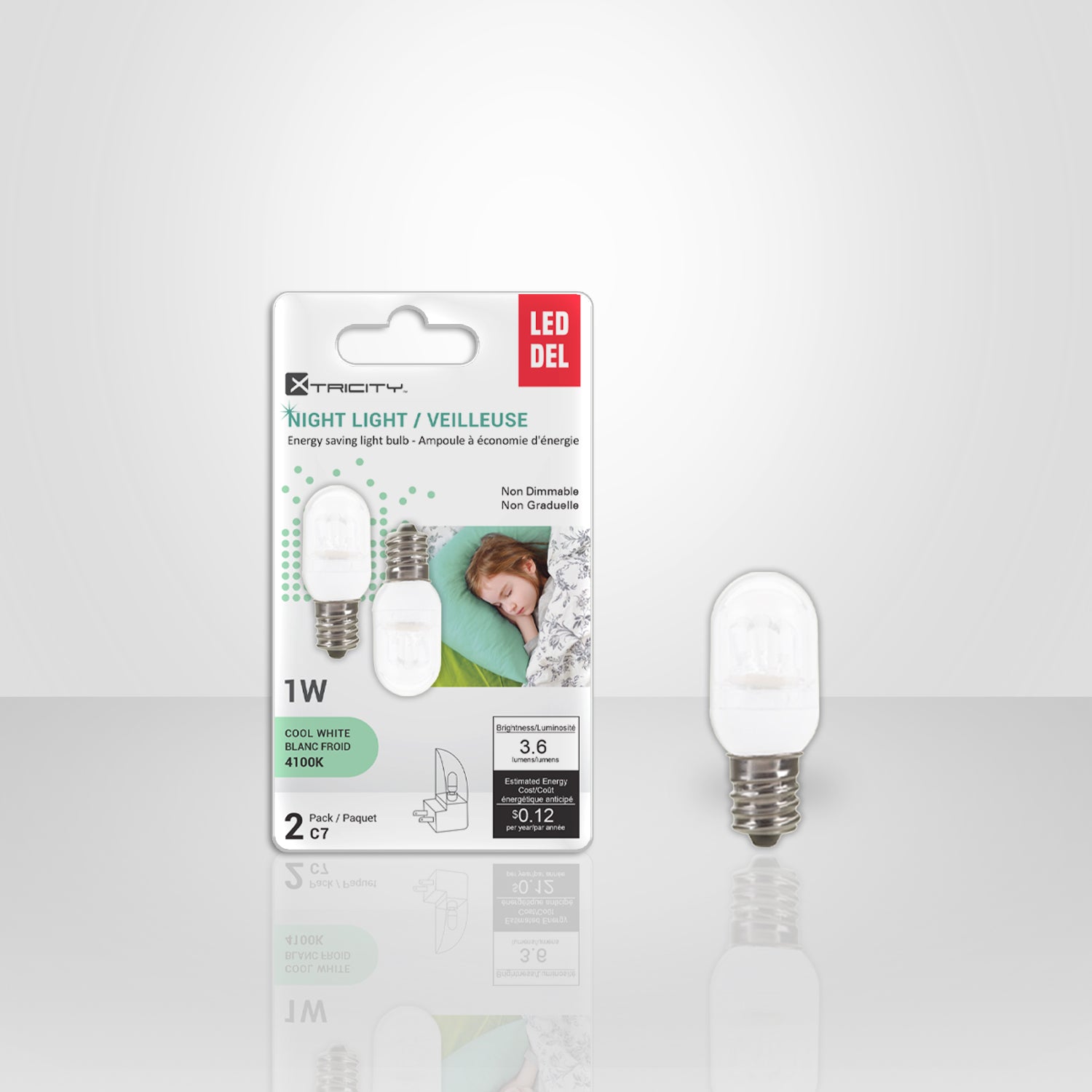 Xtricity - Ensemble de 2 Ampoules DEL pour Veilleuse, 1W, Culot Candélabre, 4100K Blanc Froid - emballage - Simple Boutique