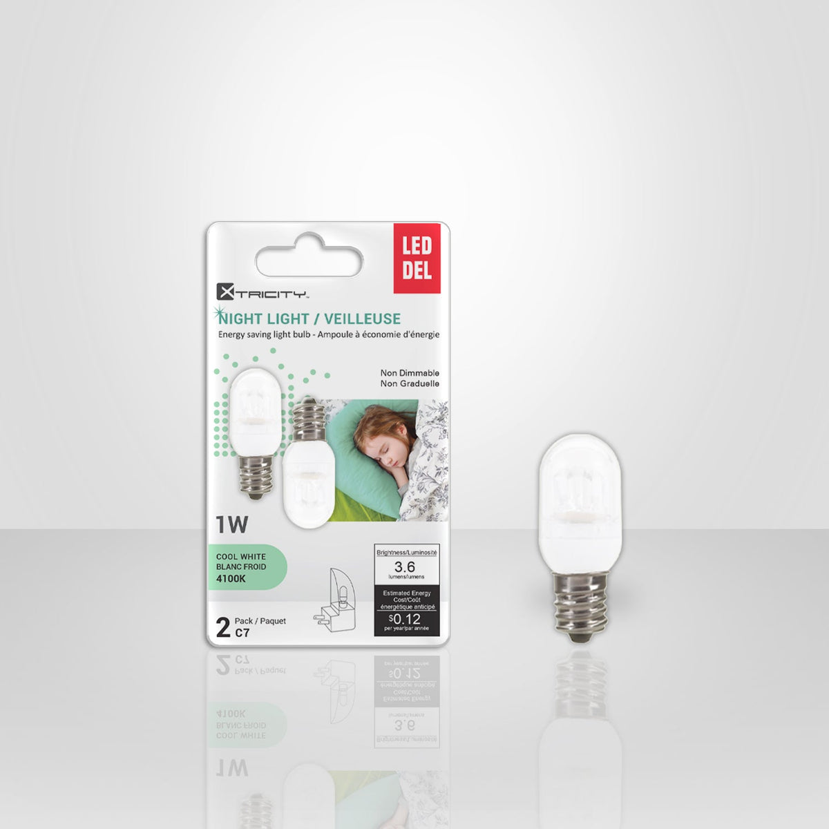 Xtricity - Ensemble de 2 Ampoules DEL pour Veilleuse, 1W, Culot Candélabre, 4100K Blanc Froid - emballage - Simple Boutique