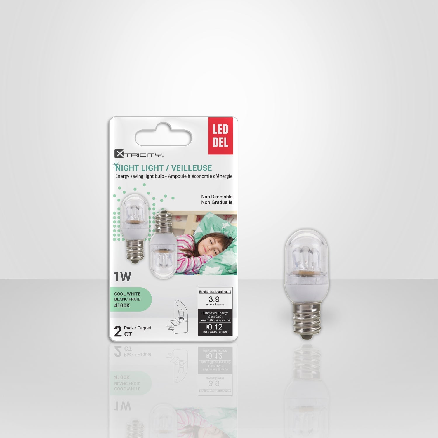 Xtricity - Ensemble de 2 Ampoules DEL pour Veilleuse, 1W, Culot Candélabre, 4100K Blanc Froid - emballage - Simple Boutique