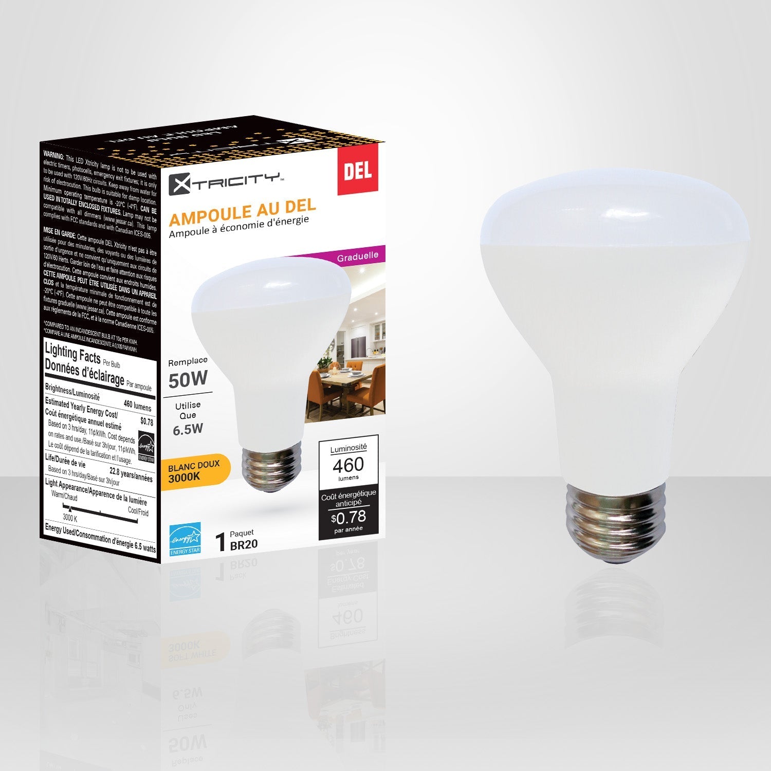 Xtricity - Ampoule DEL Gradable à économie d'énergie, 6.5W, Type BR20, 3000K Blanc Doux - emballage - Simple Boutique