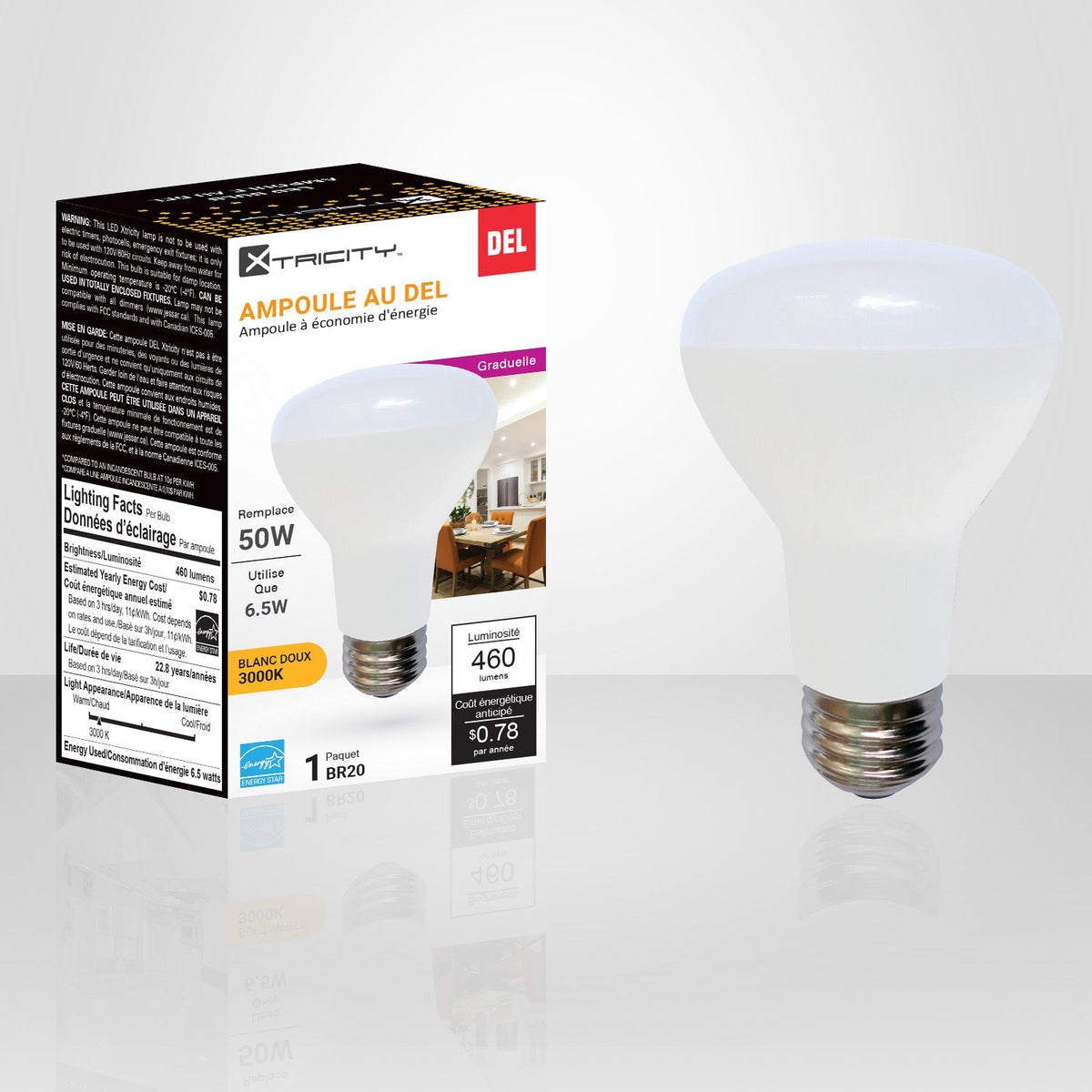 Xtricity - Ampoule DEL Gradable à économie d'énergie, 6.5W, Type BR20, 3000K Blanc Doux - emballage - Simple Boutique