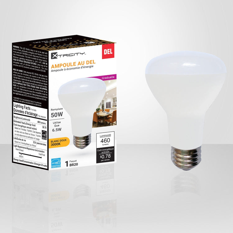 Xtricity - Ampoule DEL Gradable à économie d'énergie, 6.5W, Type BR20, 3000K Blanc Doux - emballage - Simple Boutique