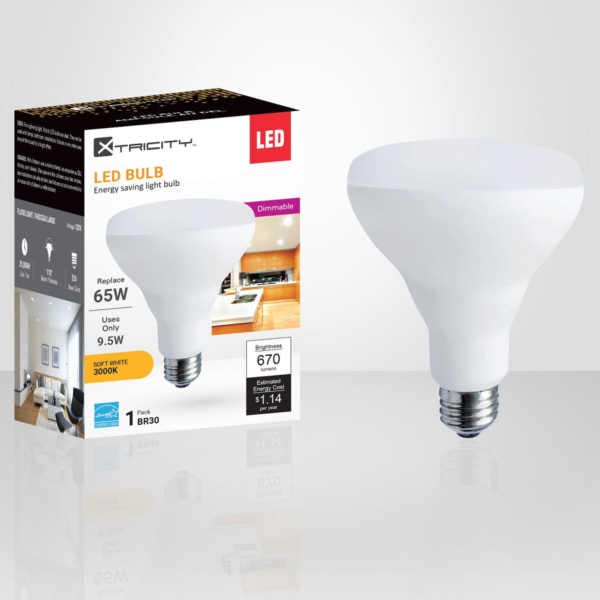 Xtricity - Ampoule DEL Gradable à économie d'énergie, 9.5W, Culot E26, 3000K Blanc Doux - emballage - Simple Boutique