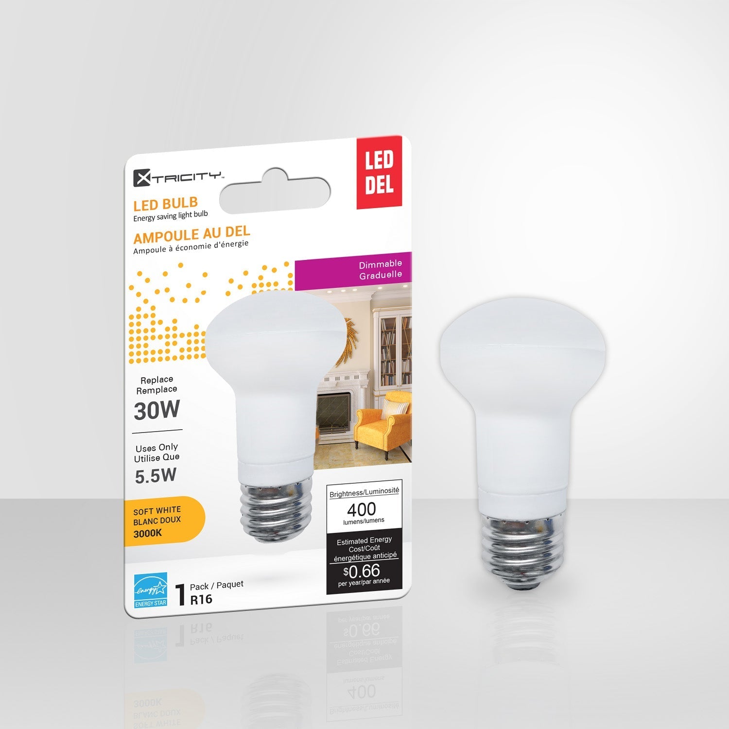 Xtricity - Ampoule DEL Gradable à économie d'énergie, 5.5W, Culot E26, 3000K Blanc Doux - emballage - Simple Boutique