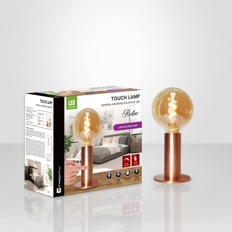Xtricity - Lampe de Table Tactile avec 3 niveaux d'intensité, 11'' x 4.3'', De la Collection Retro, Or Rose - emballage - Simple Boutique