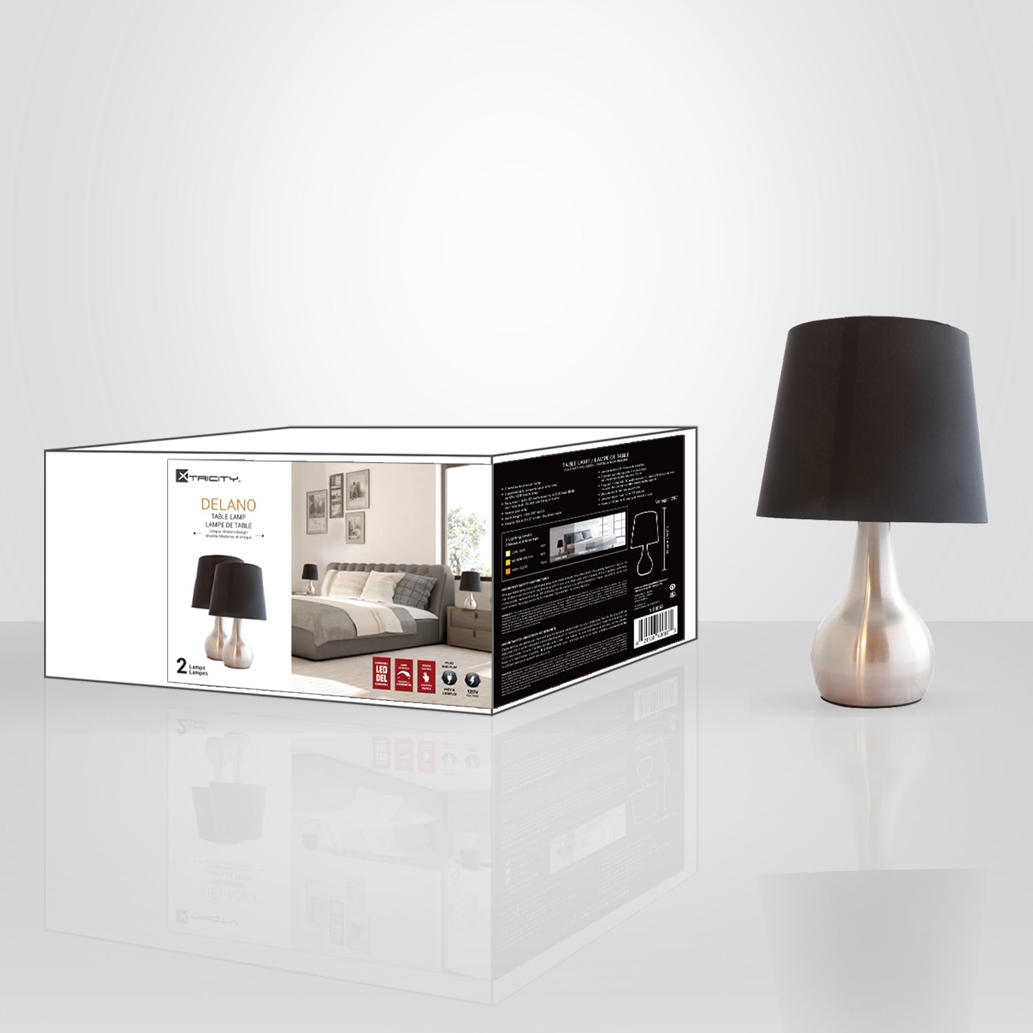 Xtricity - Ensemble de 2 Lampes de Tables Tactiles à 3 Intensités, 9'' x 14.5'', De la Collection Delano, Noir et Argent - emballage - Simple Boutique