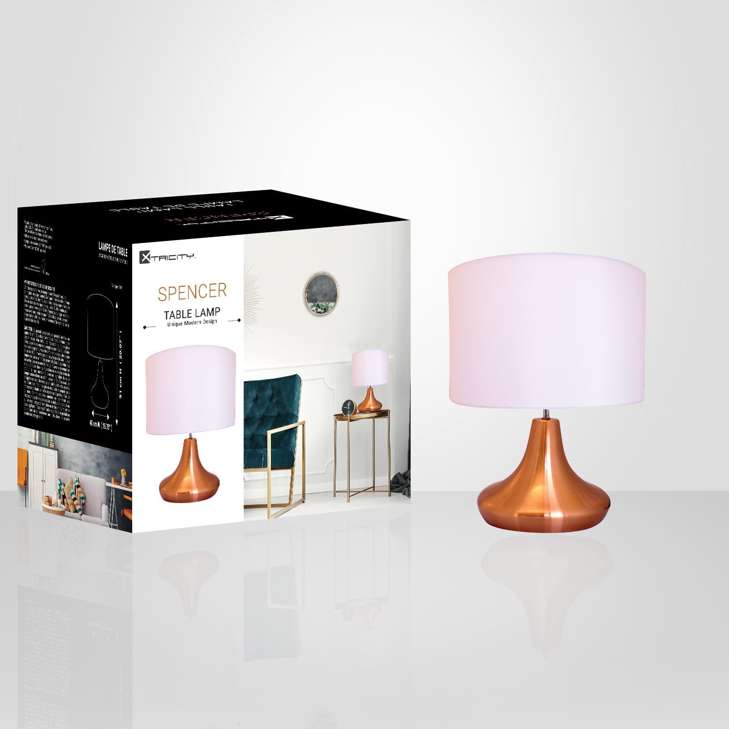 Xtricity - Lampe de Table Moderne, 15.75'' x 20.07'', De la Collection Spencer, Cuivre - emballage - Simple Boutique