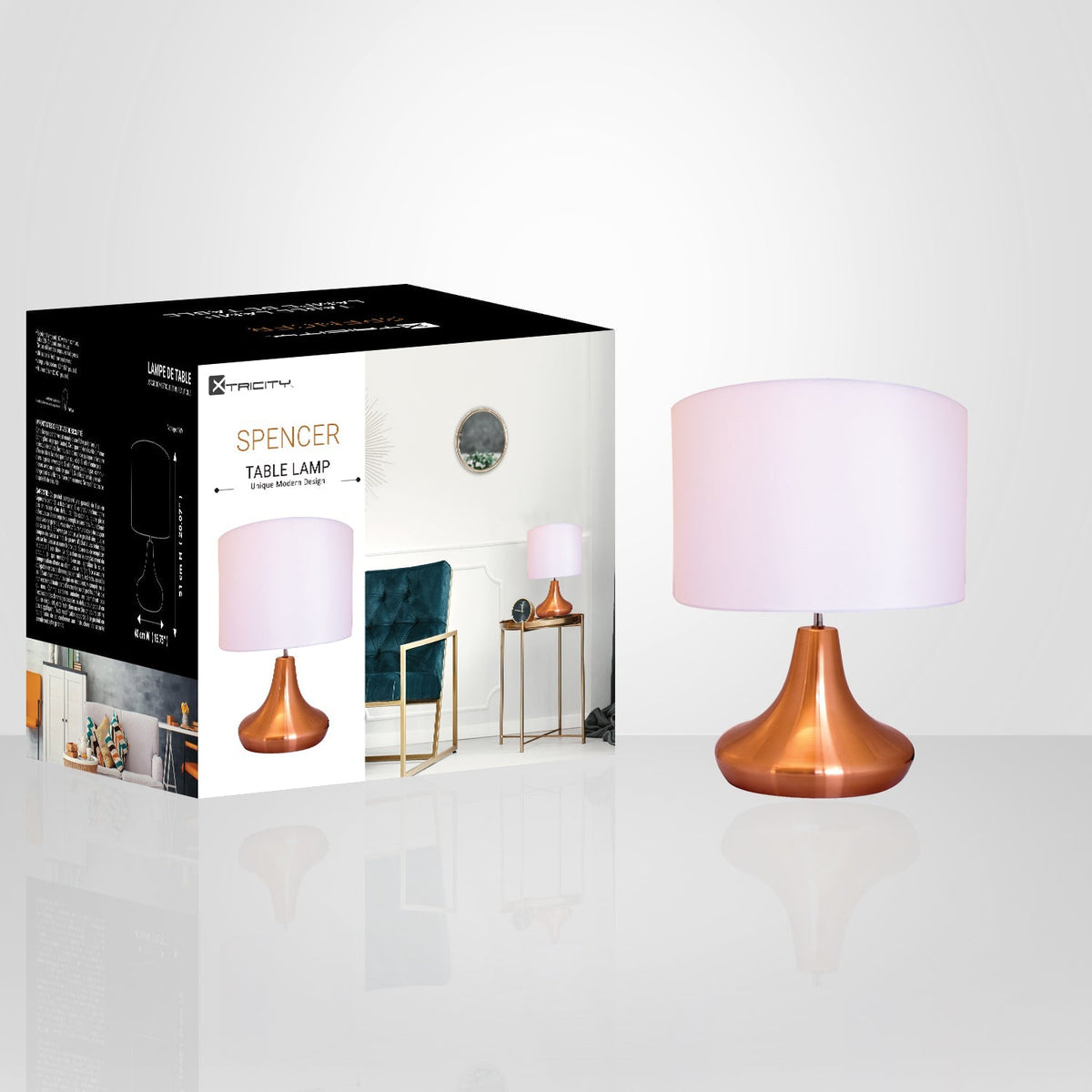 Xtricity - Lampe de Table Moderne, 15.75'' x 20.07'', De la Collection Spencer, Cuivre - emballage - Simple Boutique