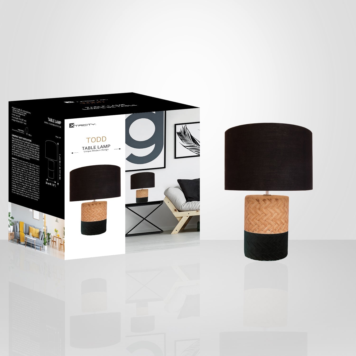 Xtricity - Lampe de Table Moderne, 13'' x 18.11'', De la Collection Todd, Noir - emballage - Simple Boutique