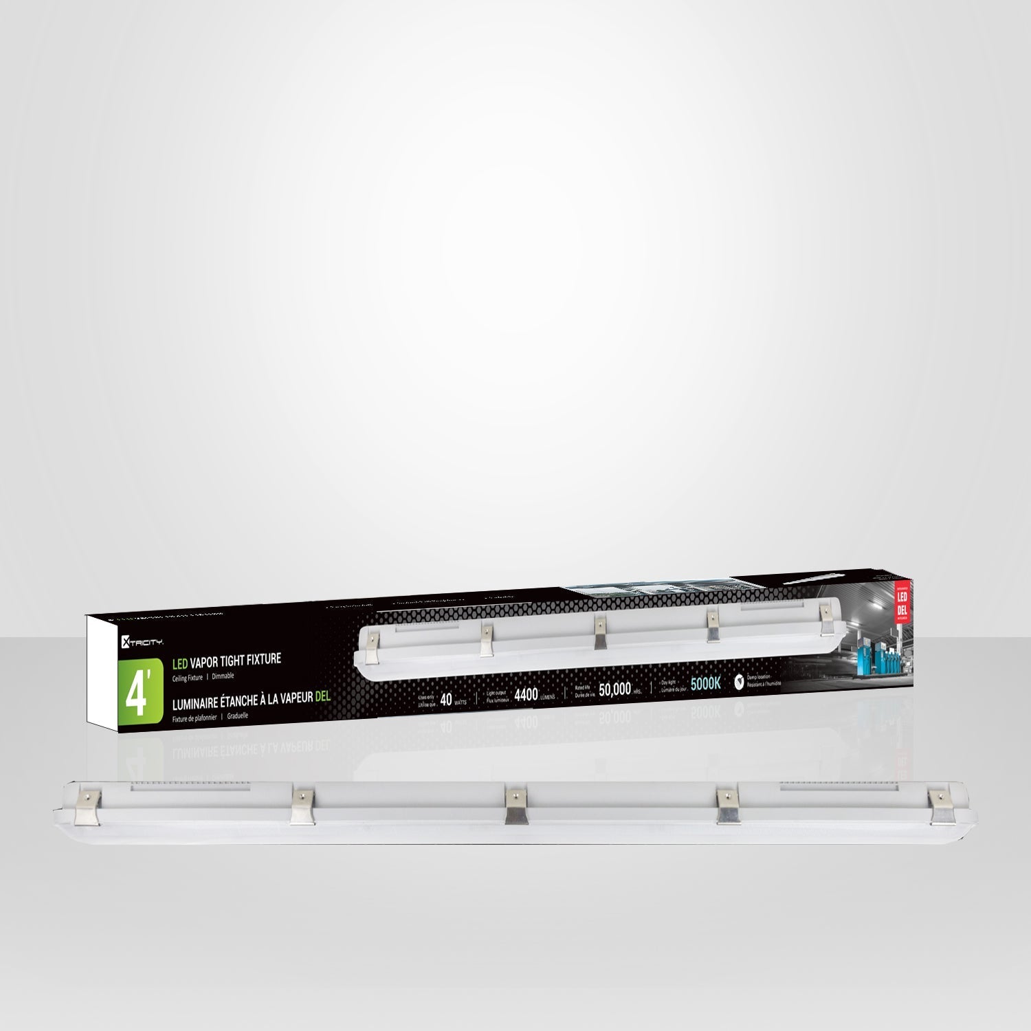 Xtricity - Plafonnier DEL Étanche à la Vapeur, Longeur de 4 Pieds, 40W, Durée de Vie de 50 000 Heures, Blanc - emballage - Simple Boutique