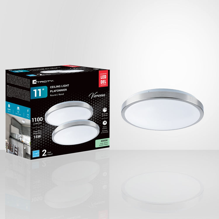 Xtricity - Ensemble de 2 Plafonniers Ronds avec DEL Intégrées, Diamètres de 11'', 15W,  De la Collection Verona, Argenté - emballage - Simple Boutique
