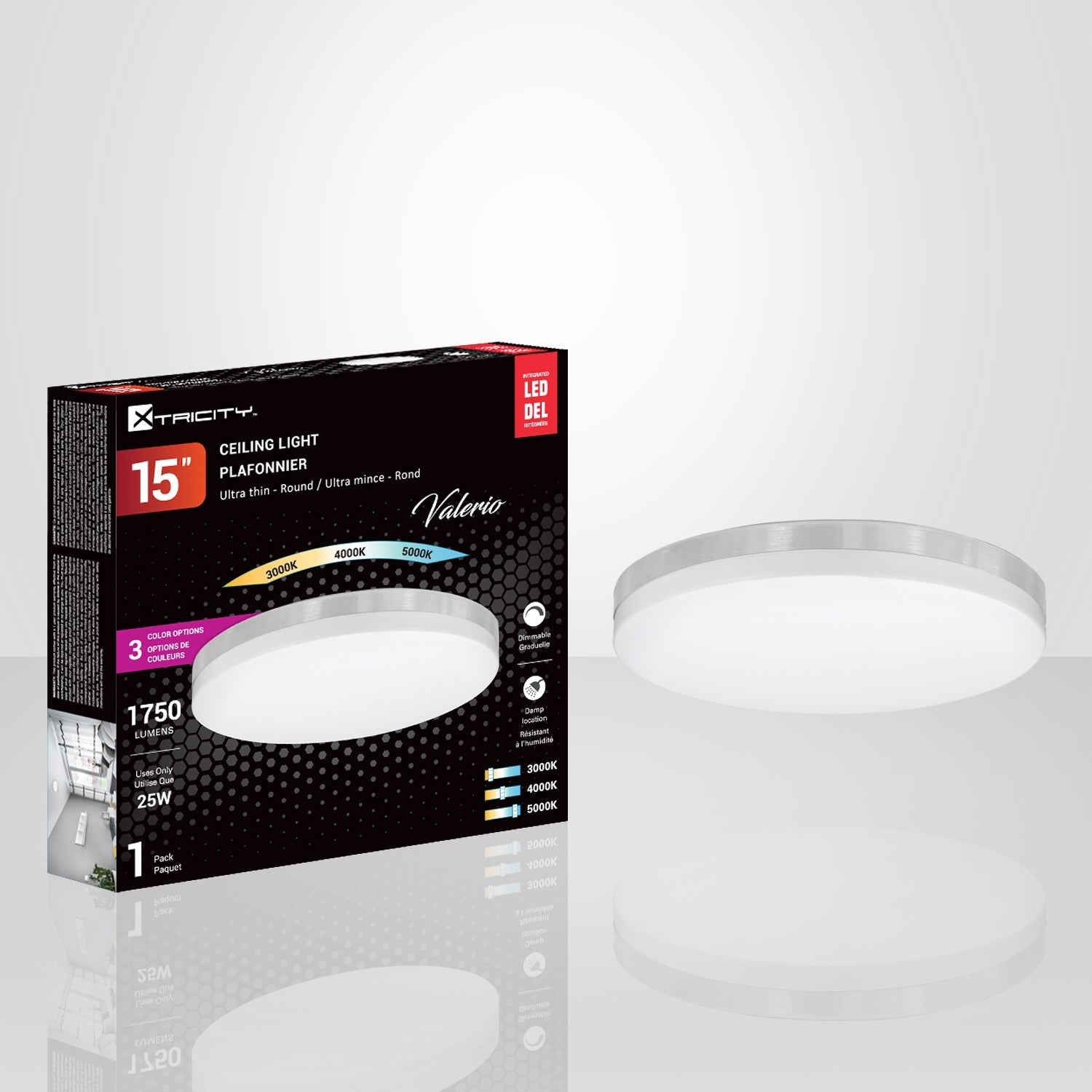 Xtricity - Plafonnier Rond avec DEL Intégrées, Diamètre de 15", 3 Options de Couleurs, De la Collection Valerio, Nickel - emballage - Simple Boutique