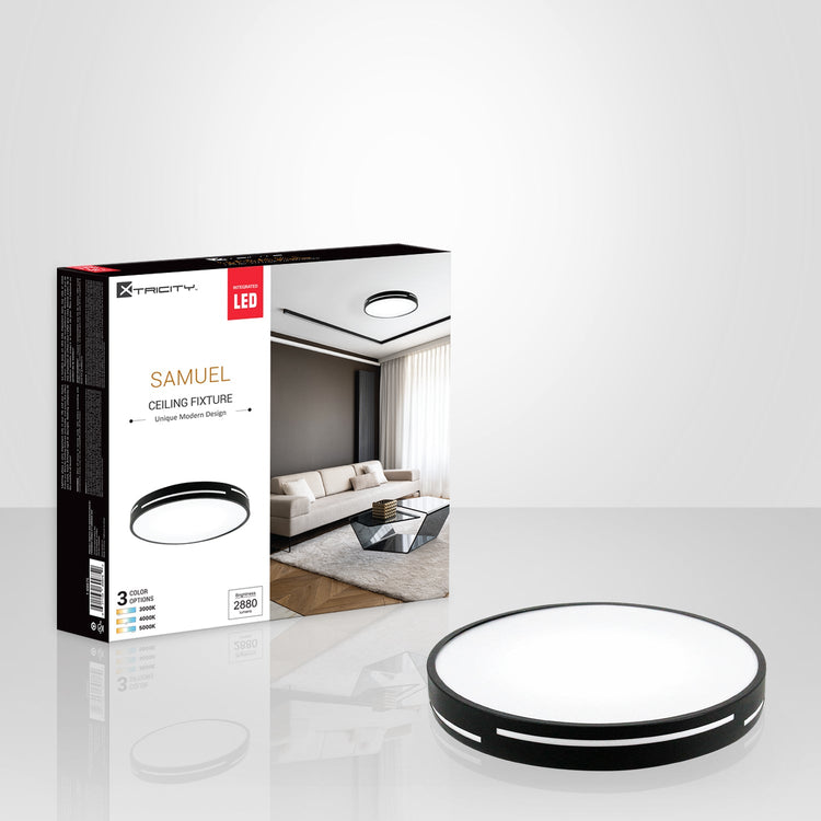 Xtricity - Plafonnier avec DEL Intégré, Diamètre de 15.75", 3 Options de Couleurs, De la Collection Samuel, Noir - emballage - Simple Boutique