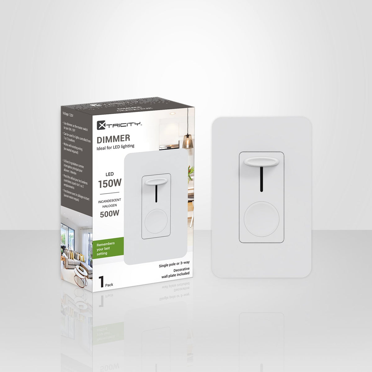 Xtricity - Gradateur à Glissière Murale avec Intérrupteur, Idéal pour Éclairage DEL, Blanc - emballage - Simple Boutique