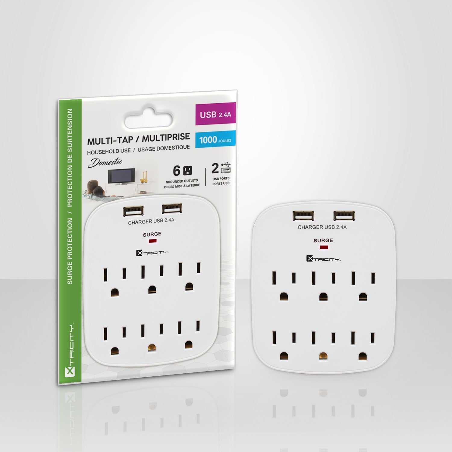 Xtricity - Multiprise Mural à 6 Prises et 2 Ports USB 2.4A, Blanc - emballage - Simple Boutique