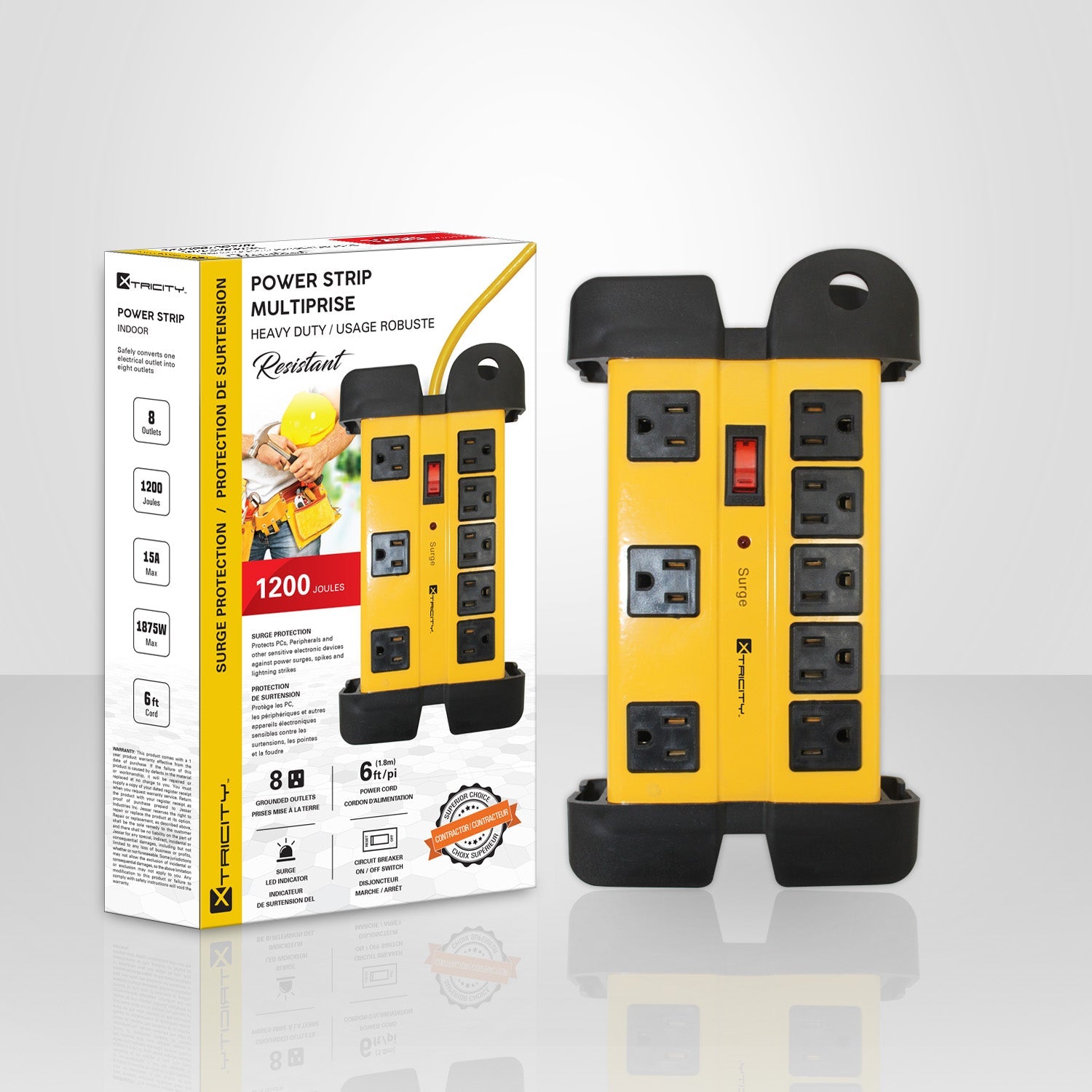 Xtricity 3-70626 Protecteur de Surtension Élctrique 8 Prises Usage Robuste 1200J 6pi Jaune - emballage - Simple Boutique