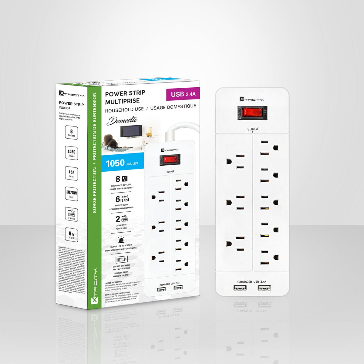 Xtricity 3-70628 Protection de Surtension 8 Prises 1050 Joules EXT 6PI 2 USB Blanc - emballage - Simple Boutique