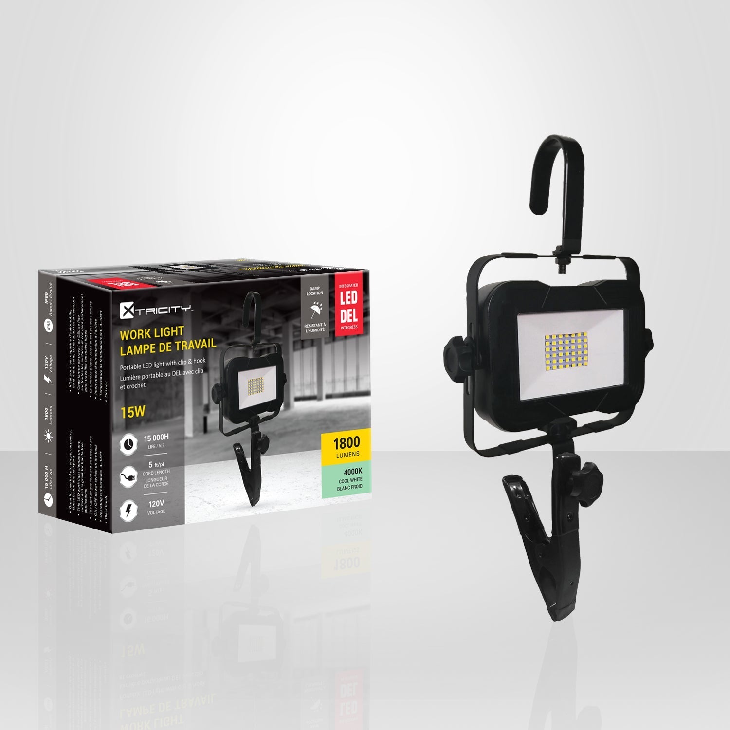 Xtricity - Lampe de Travail avec Pince, DEL Intégrées, 1800 Lumens, 15W, 4000K Blanc Froid - emballage - Simple Boutique