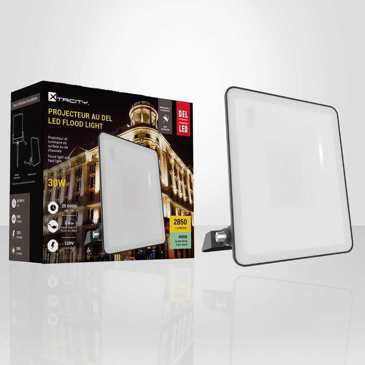 Xtricity - Projecteur DEL Étanche, 2850 Lumens, 30W, Pour Usage Extérieur, 4000K Blanc Froid - emballage - Simple Boutique
